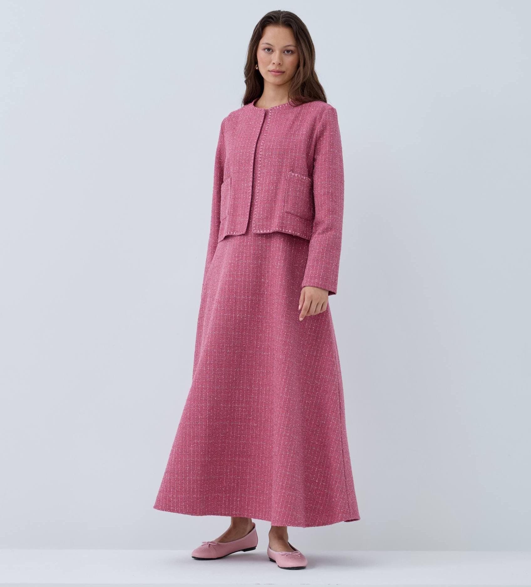 Pink Tweed Dress with Jacket Set - Elegant Modest Outfit