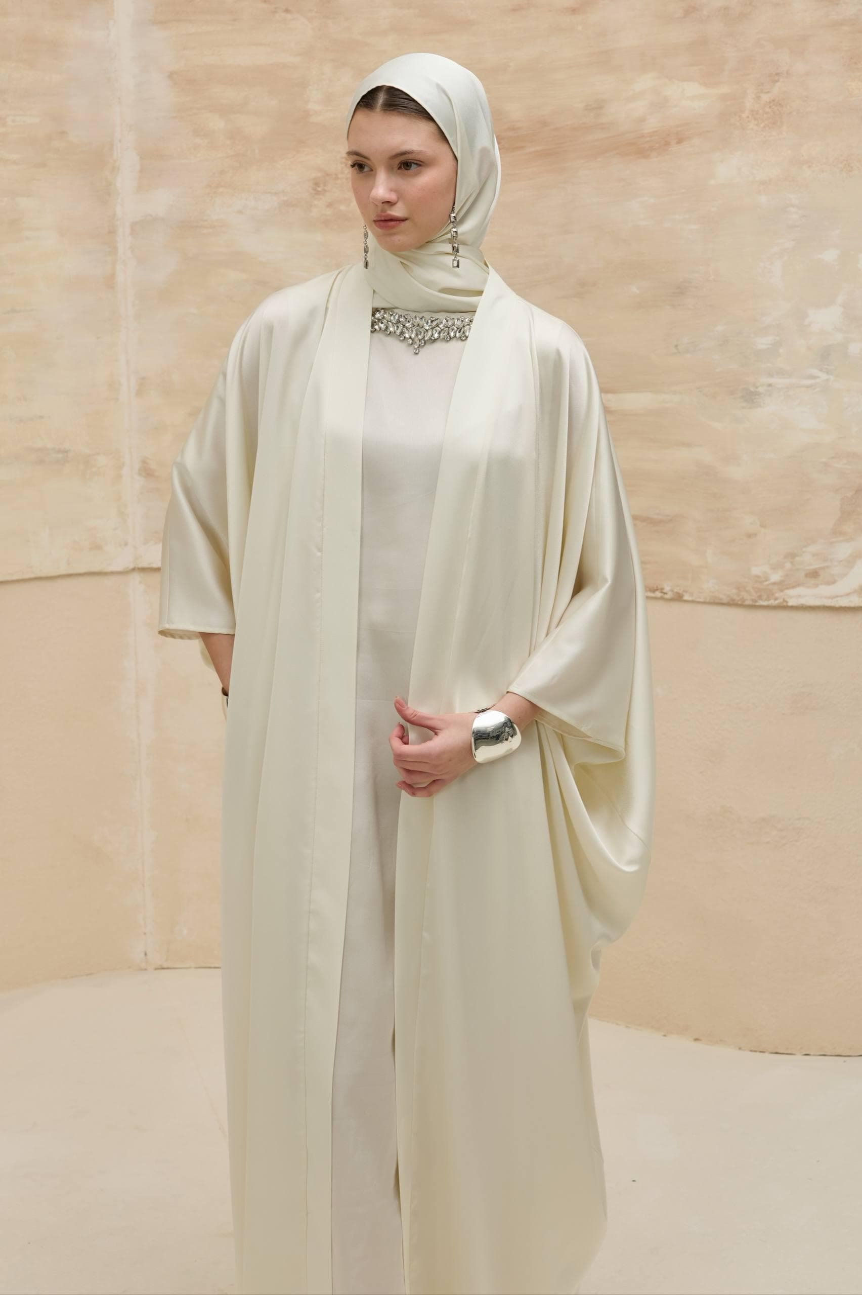 White Open Abaya Set with Crystal Neckline - 2 Piece Modest Muslim Dress - image 3