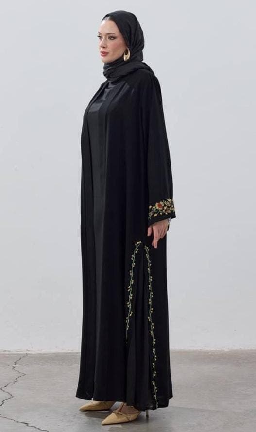 Black Embroidered Abaya with Floral Sleeve & Side Detail - Modest Open Abaya - image 3