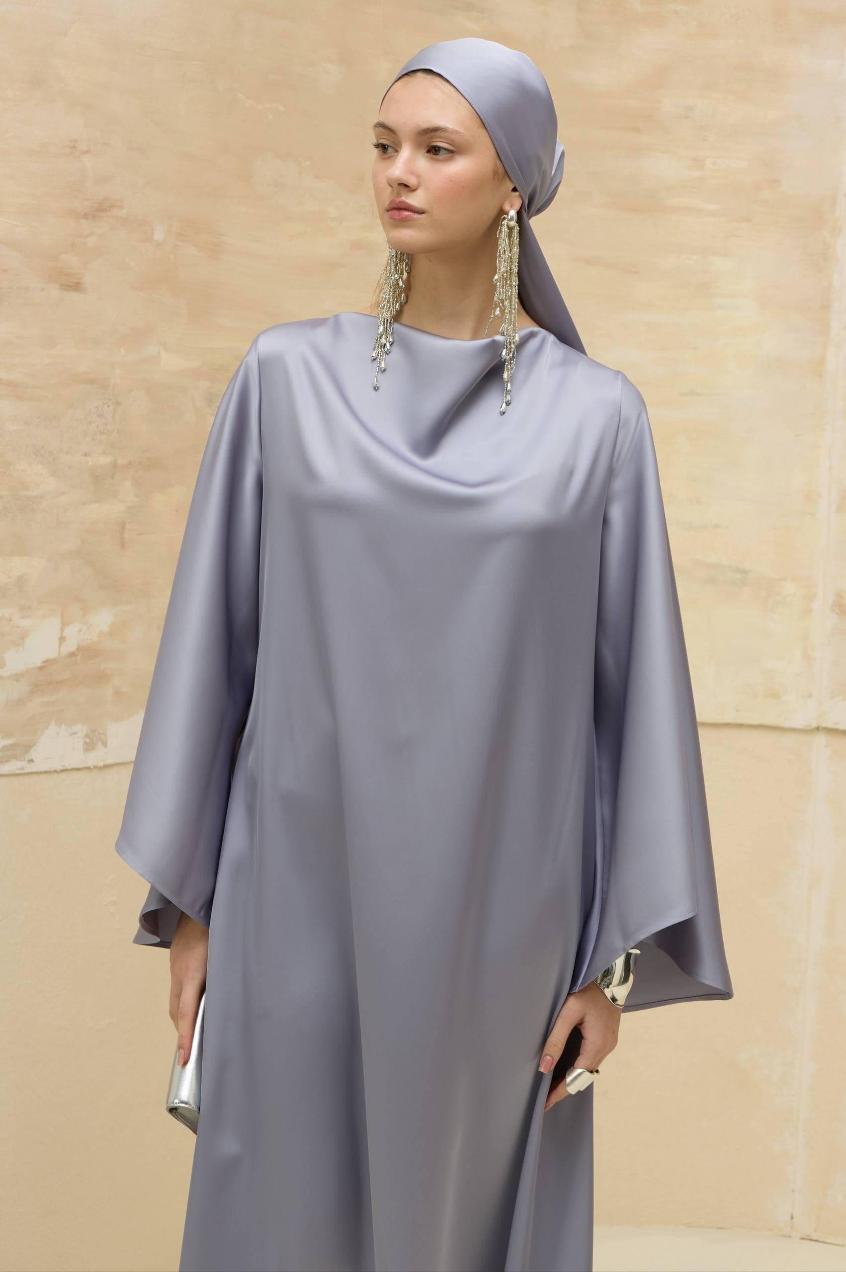 Luxury Lavender Gray Satin Abaya - Elegant Modest Muslim Dress - image 3
