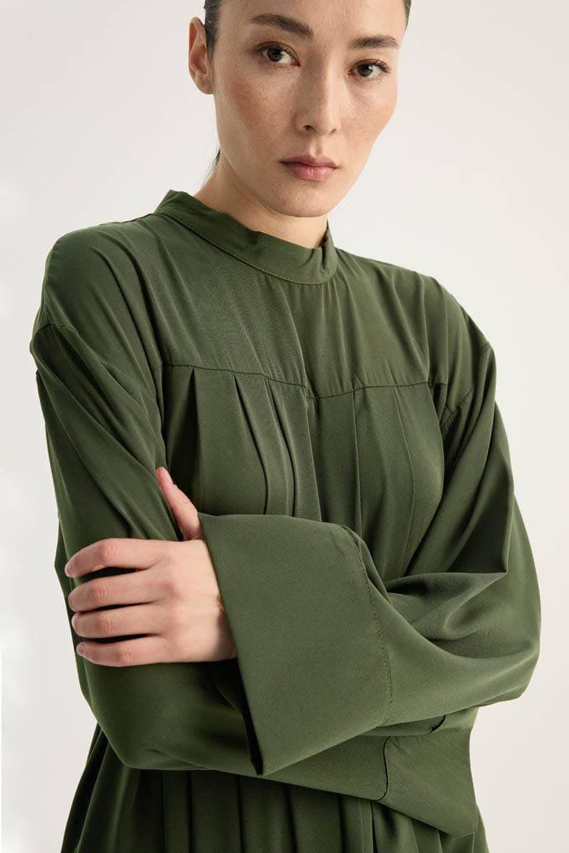 Olive Green Modest Two Piece Set - Pleated Long Tunic with Wide Leg Pants
