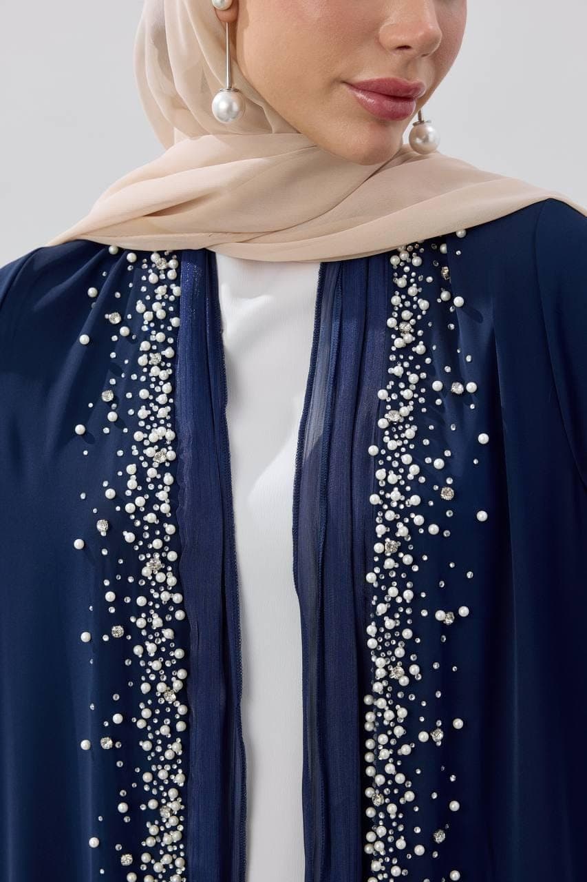 Navy Blue Open Abaya with Pearl Beaded Front Corners – Modest Dress