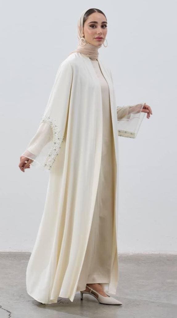 White Abaya with Pearl Handwork - Ramadan & Special Occasions