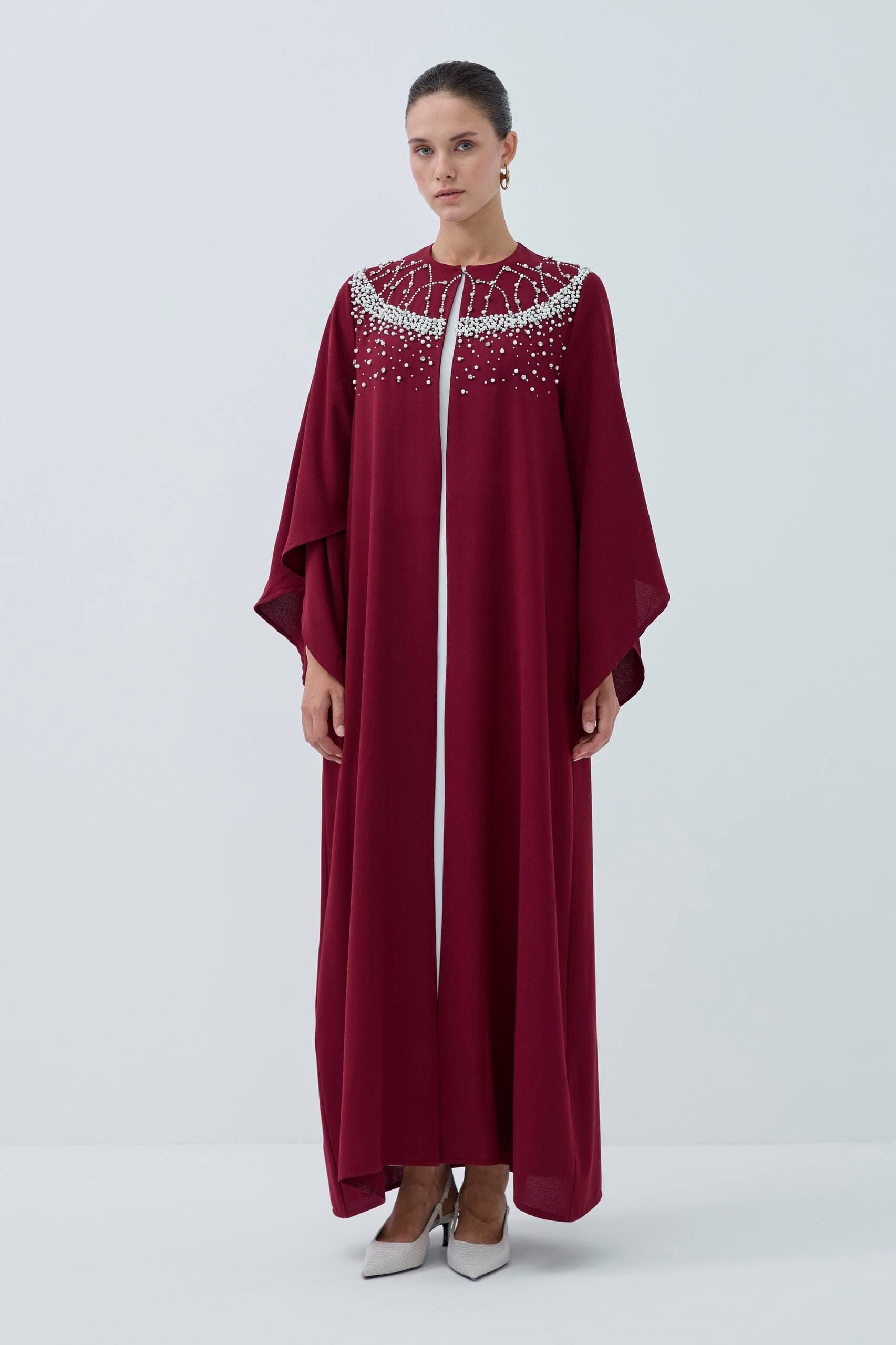 The Pearl-Embellished Bordeaux Open Abaya