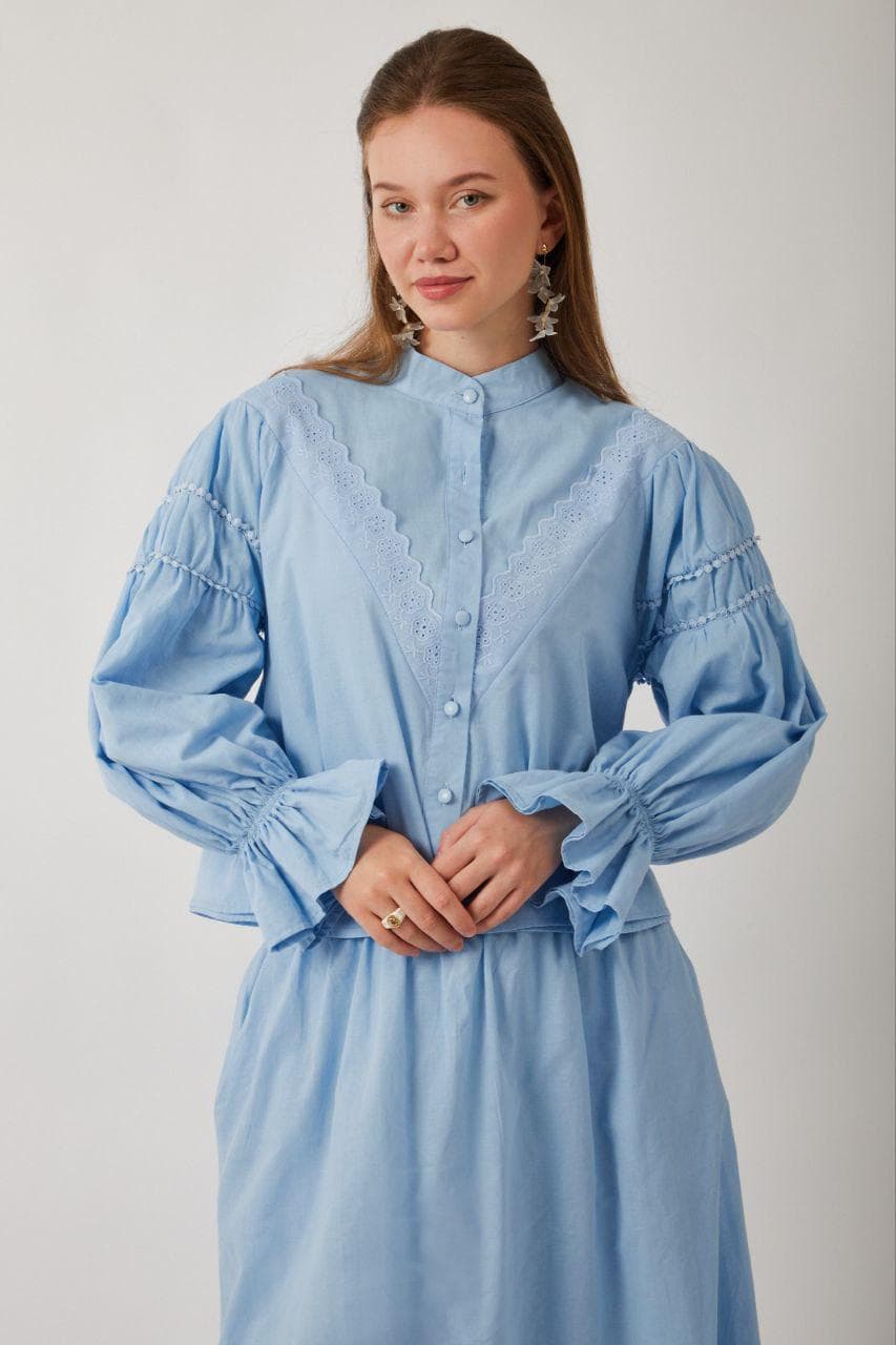 Modest Cotton Dress Set - Sky Blue Two Piece Outfit, Cottagecore Prairie Dress