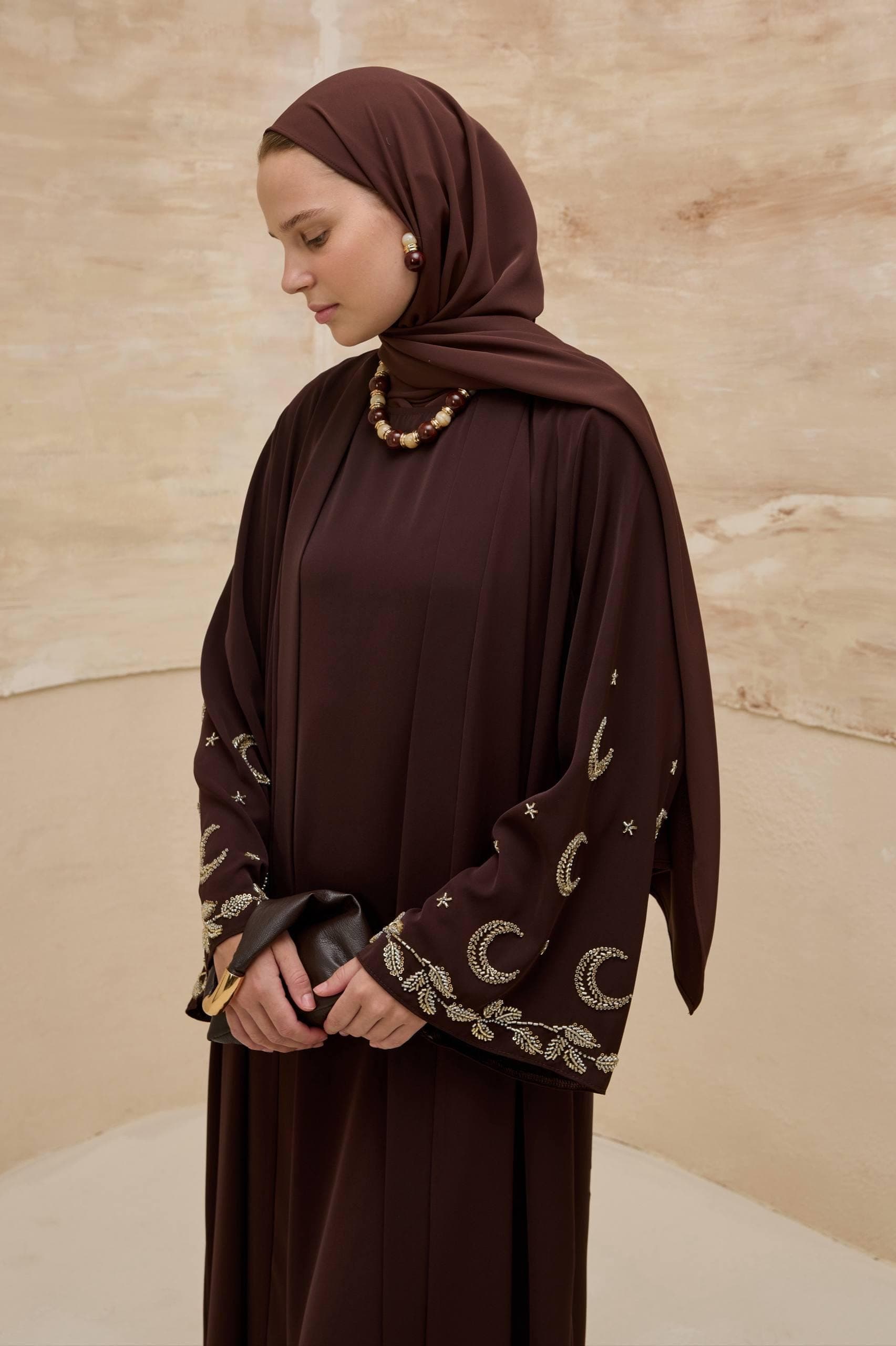Brown 2-Piece Abaya with Moon Sleeve Detail - Ramadan & Eid Modest Muslim Dress