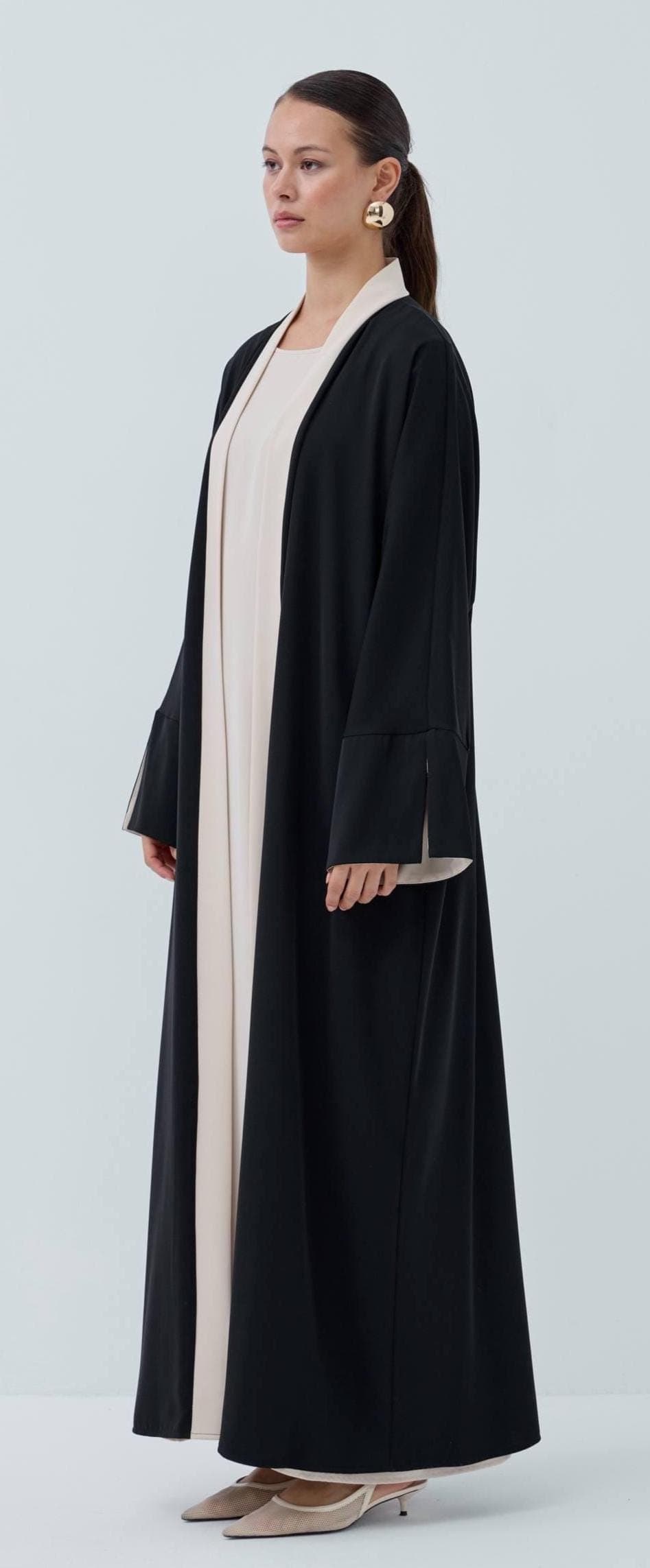 Modest Two Piece Abaya Set - Front Open Black Abaya with Sleeveless Inner Dress - image 4