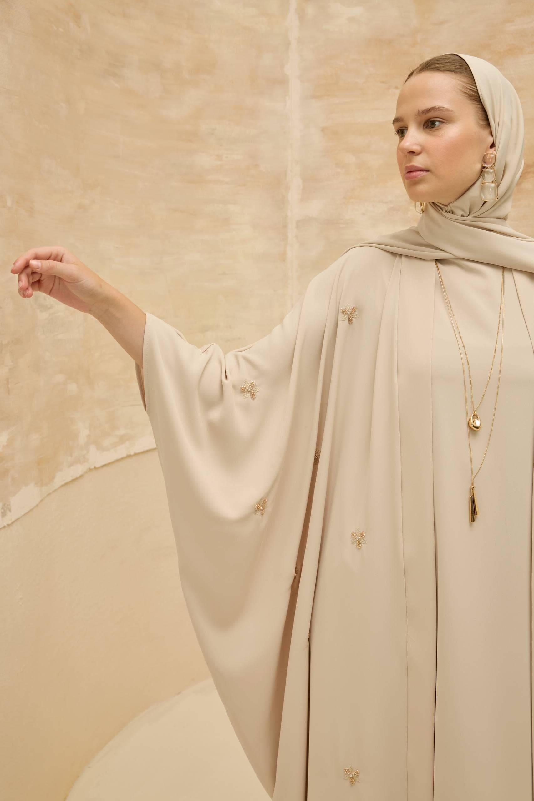 Beige Abaya Set - 2 Piece Open Abaya with Floral Embellishments Modest Muslim Dress