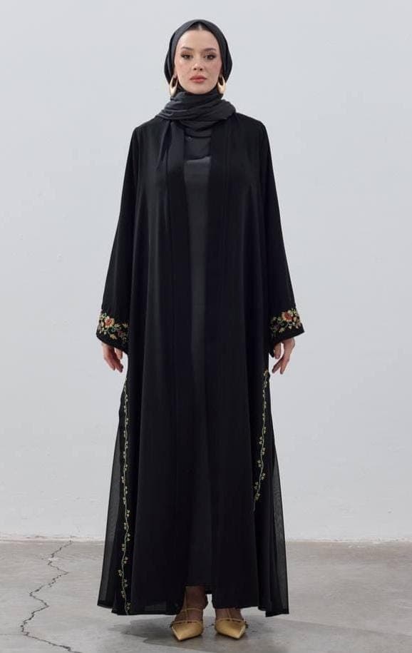 Black Embroidered Abaya with Floral Sleeve & Side Detail - Modest Open Abaya - image 5