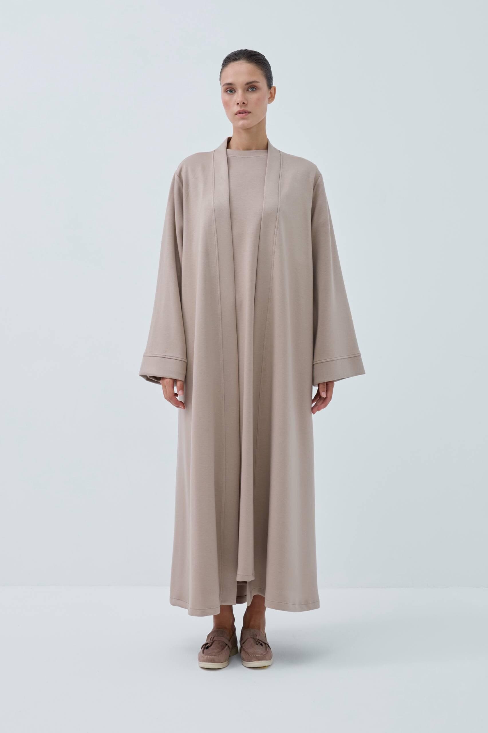 Beige Modal Abaya Set with Long Sleeve Dress, Elegant Turkish Modest Wear - image 5