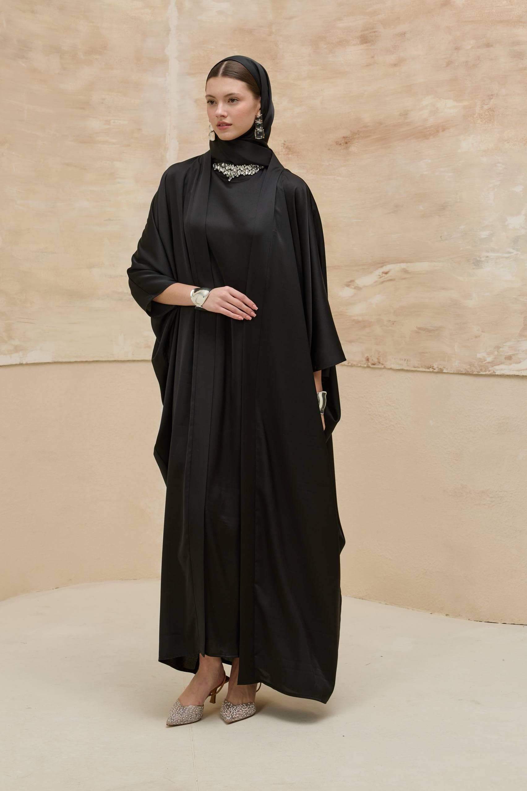 Black Open Abaya Set with Crystal Neckline - 2 Piece Modest Muslim Dress - image 5