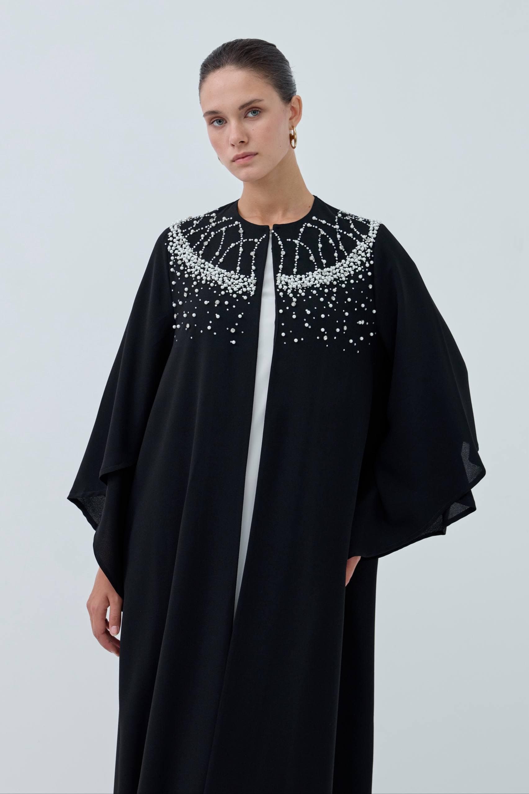 The Pearl-Embellished Black Open Abaya - image 5