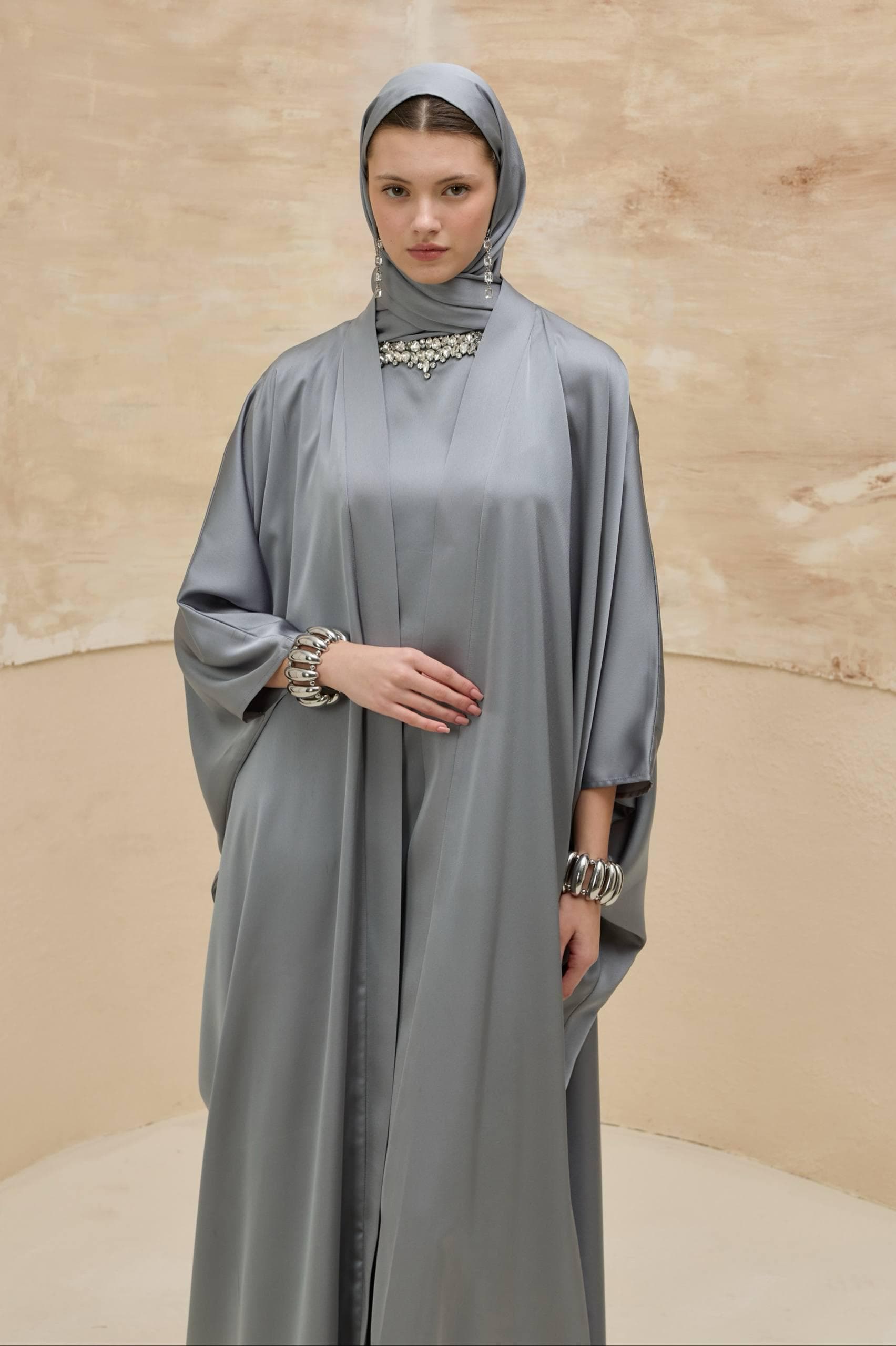 Gray Open Abaya Set with Crystal Neckline - 2 Piece Modest Muslim Dress - image 4