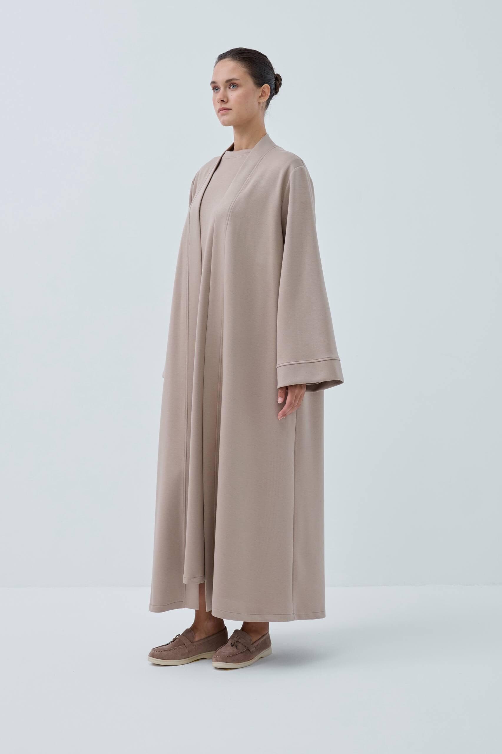 Beige Modal Abaya Set with Long Sleeve Dress, Elegant Turkish Modest Wear - image 3
