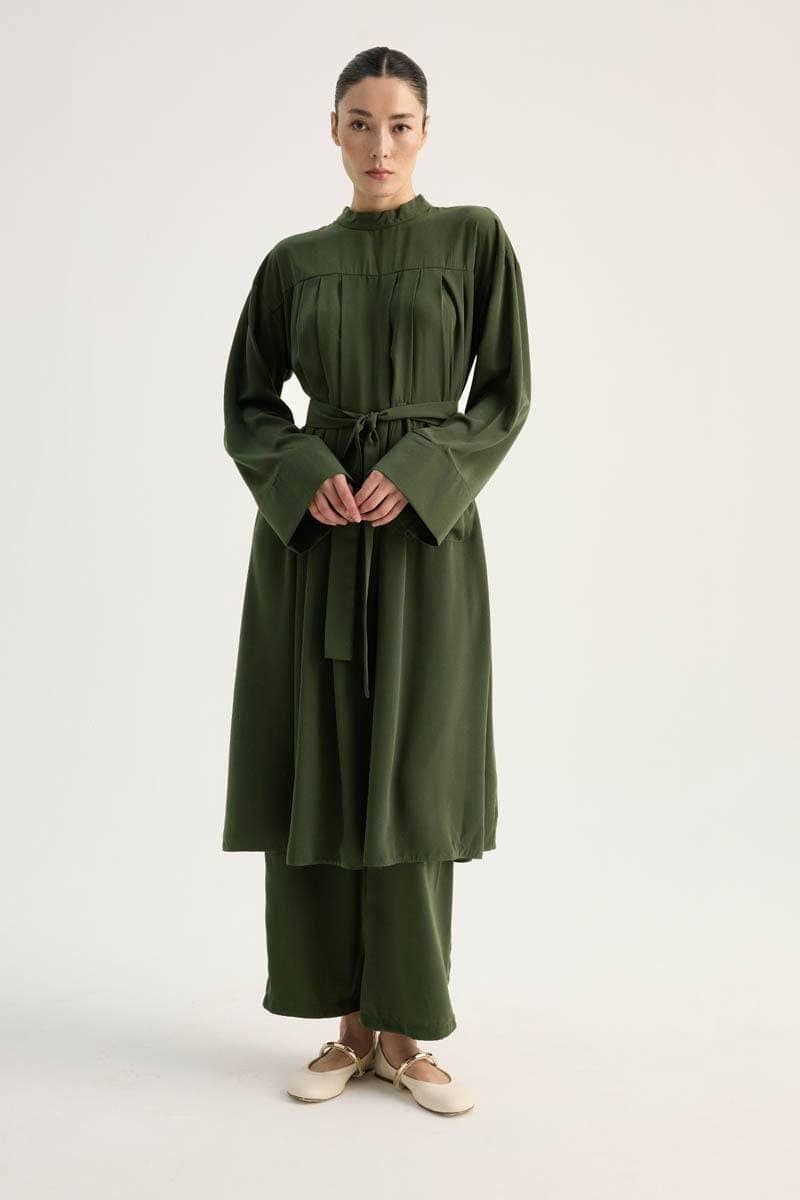 Olive Green Modest Two Piece Set - Pleated Long Tunic with Wide Leg Pants - image 4