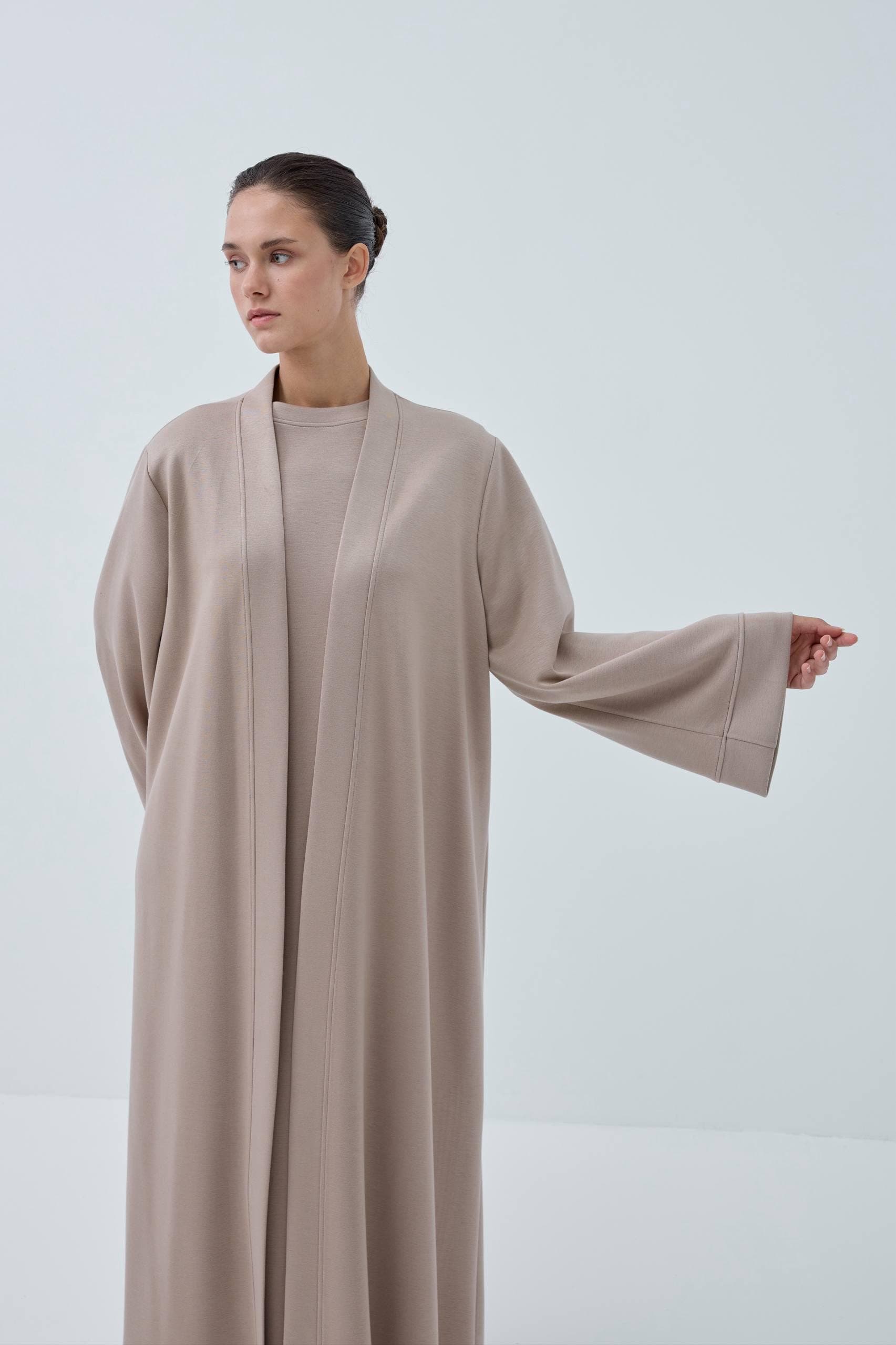 Beige Modal Abaya Set with Long Sleeve Dress, Elegant Turkish Modest Wear - image 4