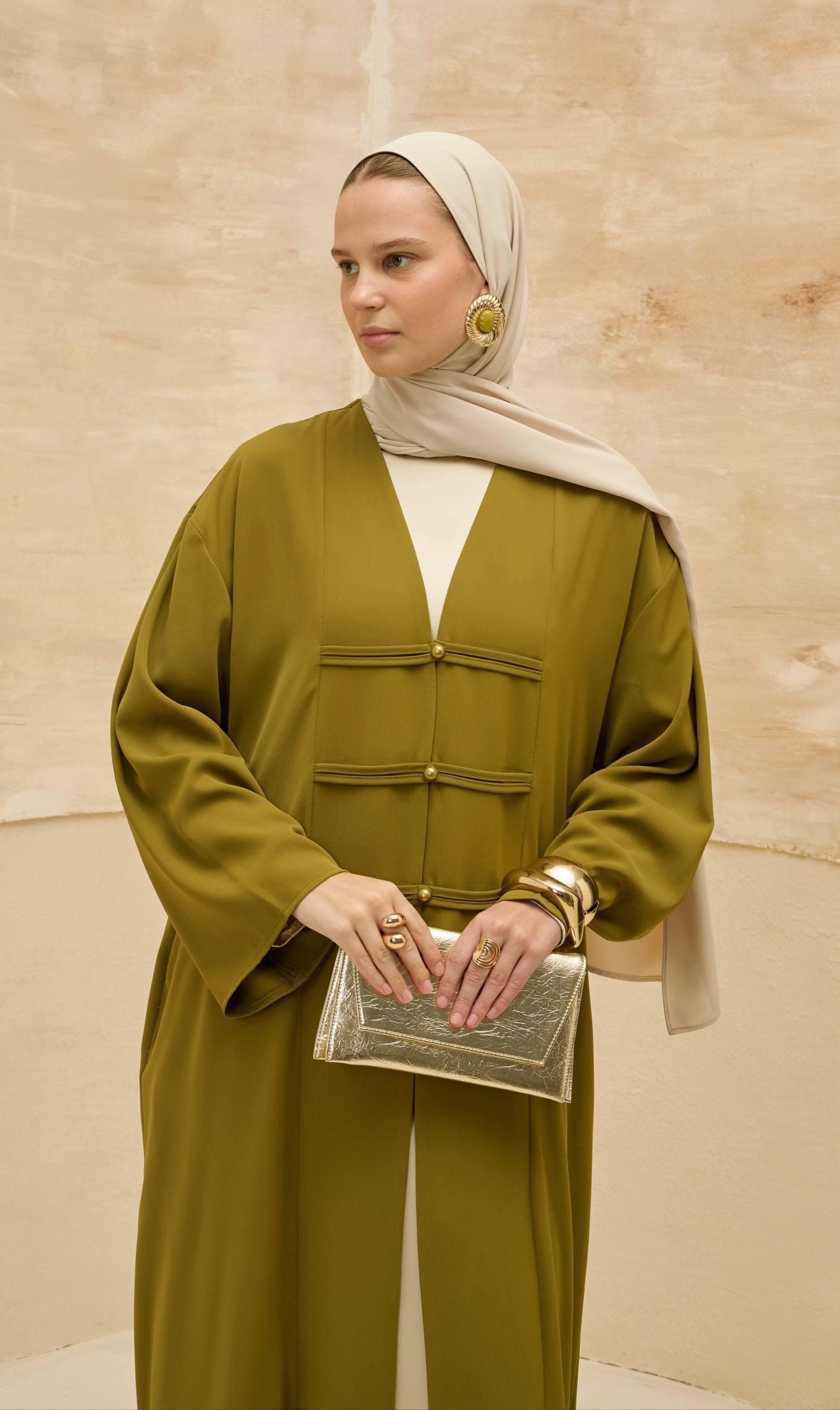 Kimono-Style Green Abaya with Pearl Details - Ramadan & Eid Modest Muslim Dress