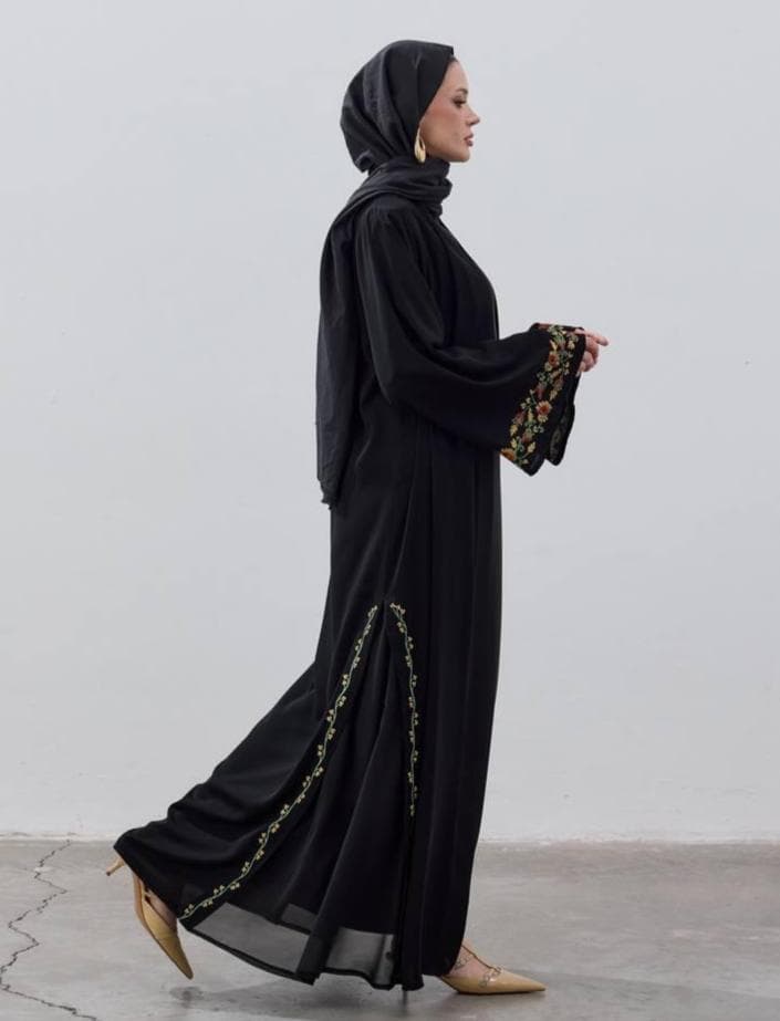 Black Embroidered Abaya with Floral Sleeve & Side Detail - Modest Open Abaya - image 4
