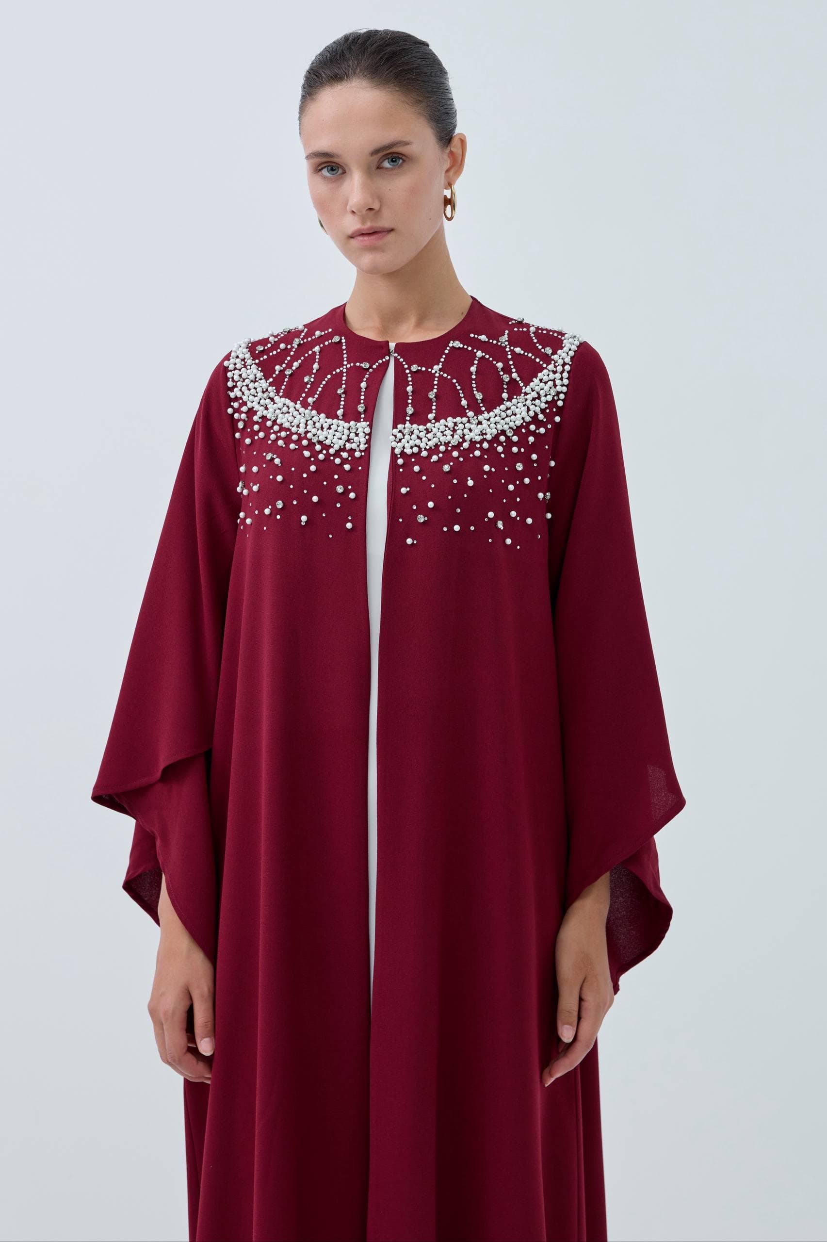 The Pearl-Embellished Bordeaux Open Abaya - image 3