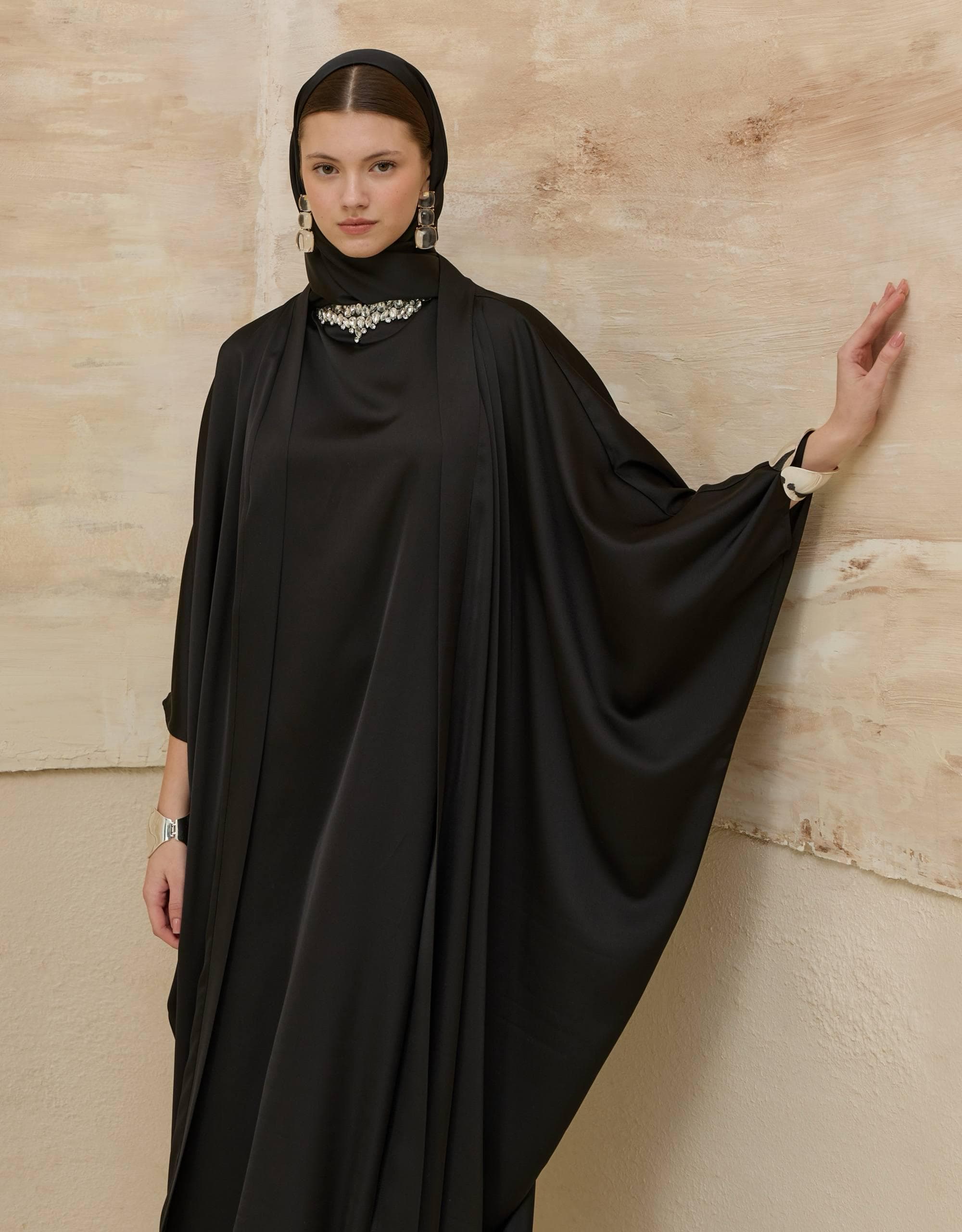 Black Open Abaya Set with Crystal Neckline - 2 Piece Modest Muslim Dress - image 4