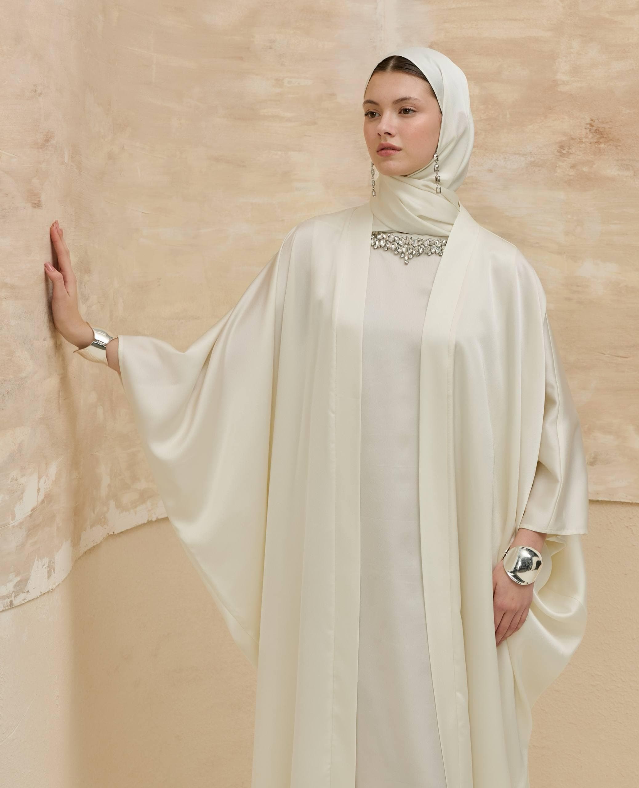 White Open Abaya Set with Crystal Neckline - 2 Piece Modest Muslim Dress