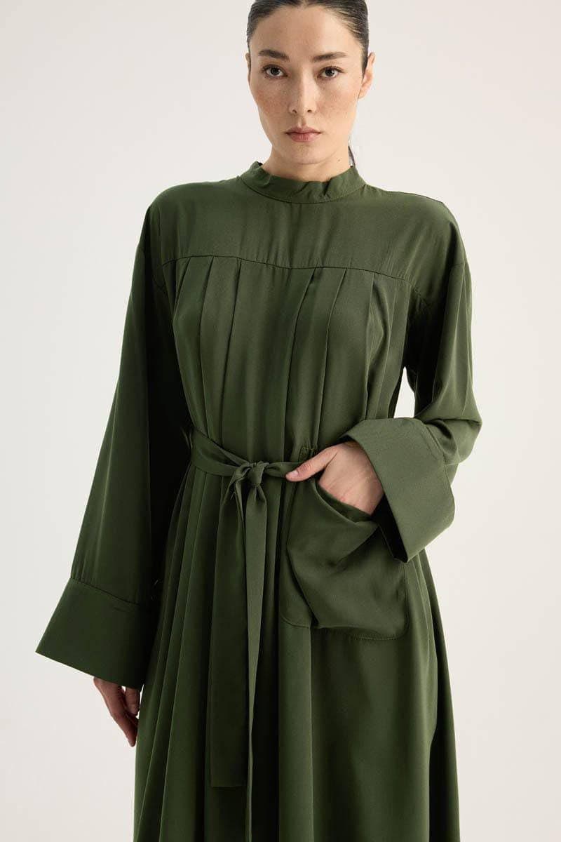 Olive Green Modest Two Piece Set - Pleated Long Tunic with Wide Leg Pants - image 3