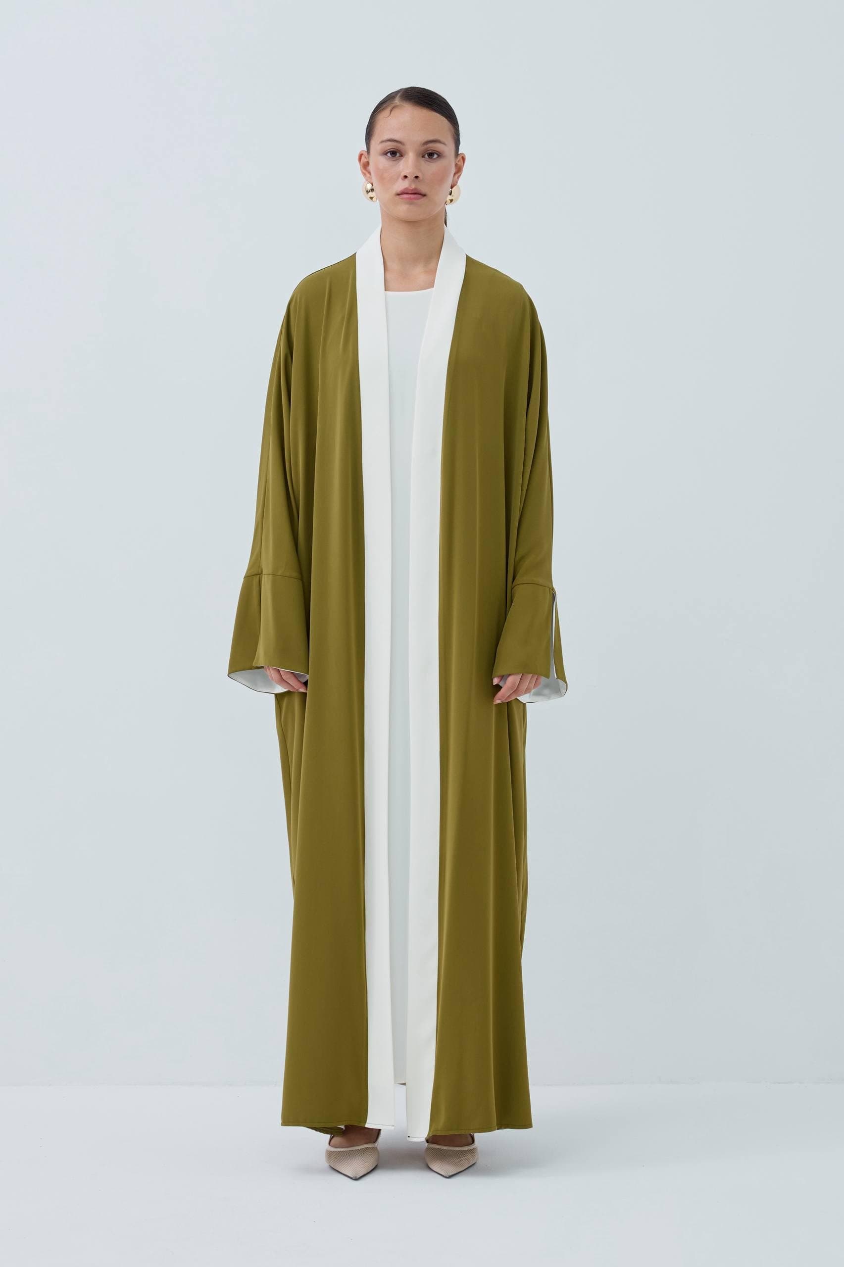 Green Nida Fabric Abaya Set with Sleeveless Dress, Made in Turkey