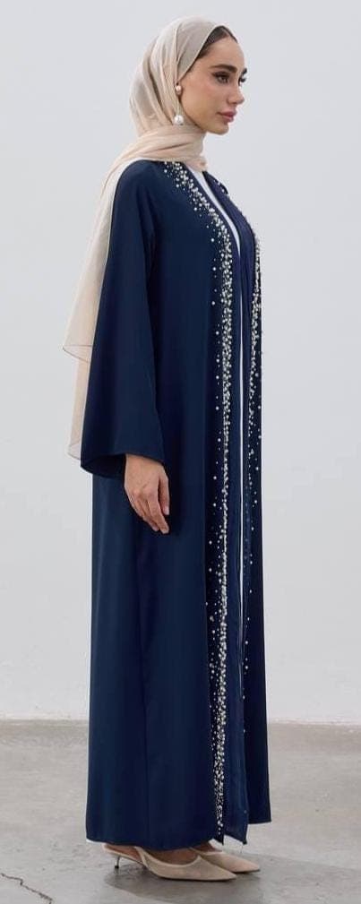 Navy Blue Open Abaya with Pearl Beaded Front Corners – Modest Dress - image 5