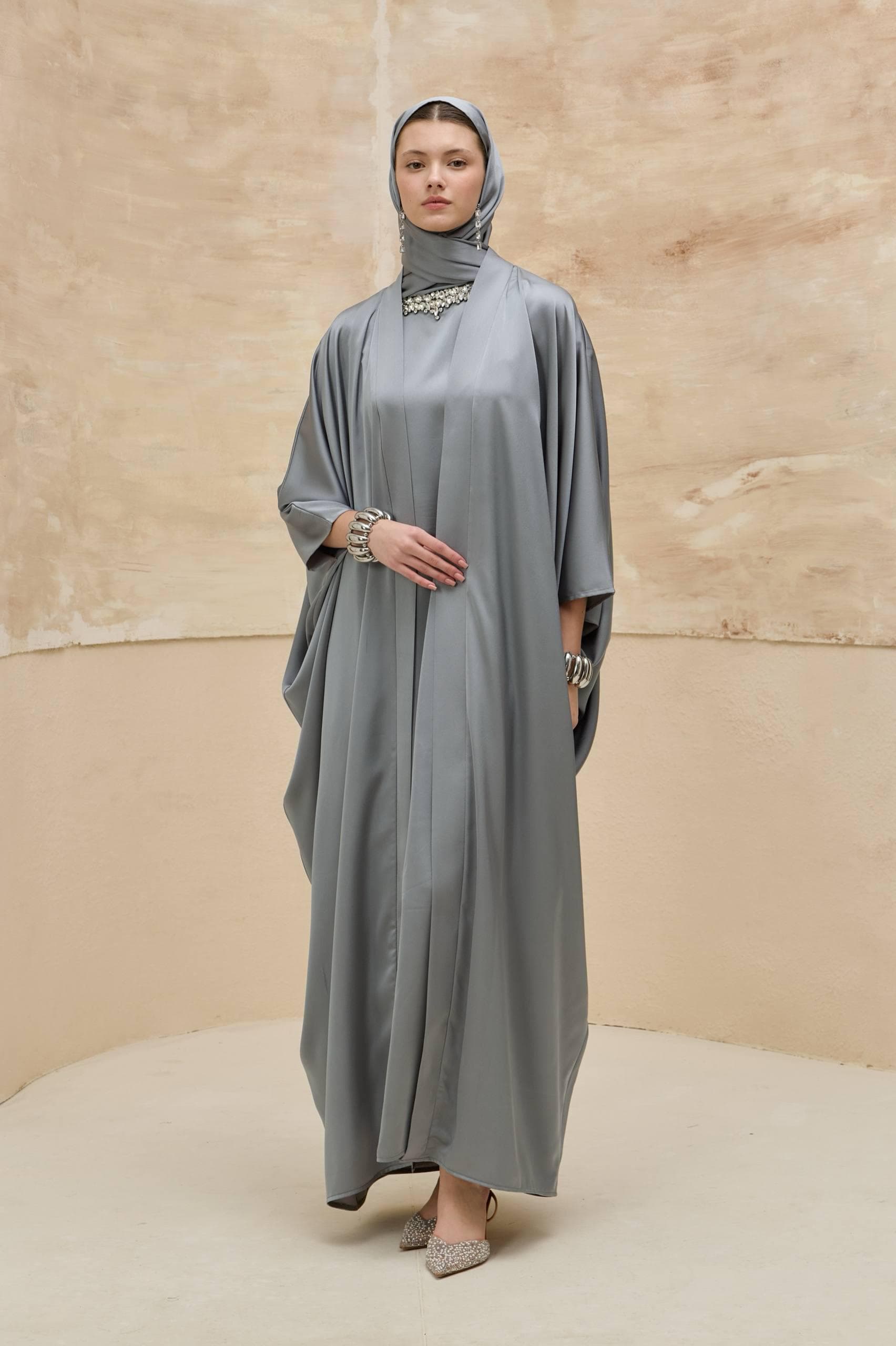 Gray Open Abaya Set with Crystal Neckline - 2 Piece Modest Muslim Dress - image 3