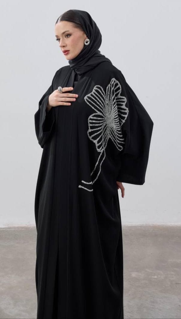 The Silver Bloom Abaya - Hand-Embellished Floral Statement Abaya