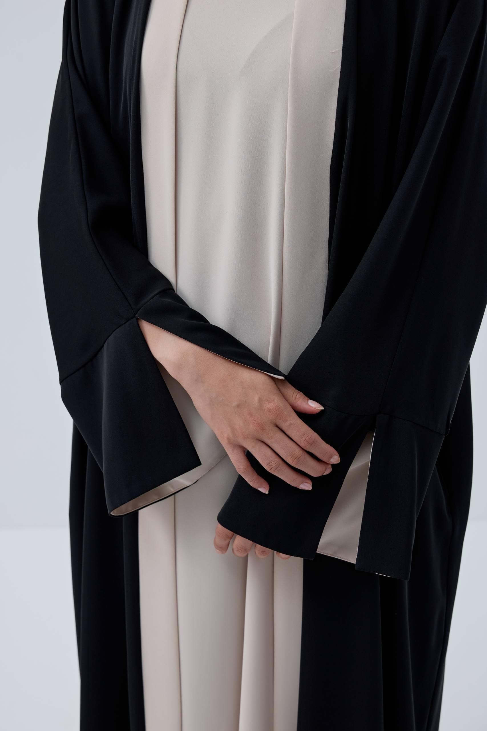 Modest Two Piece Abaya Set - Front Open Black Abaya with Sleeveless Inner Dress