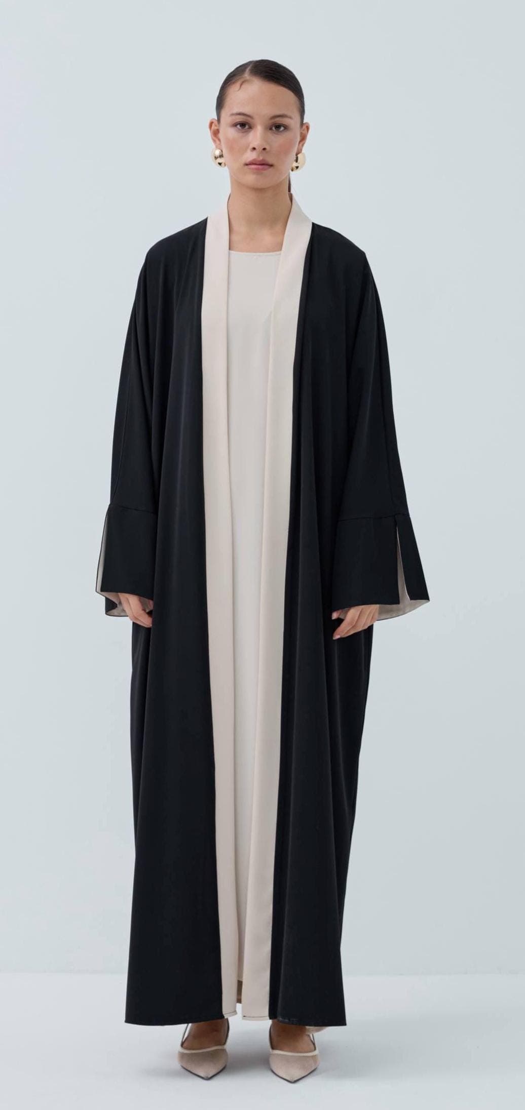 Modest Two Piece Abaya Set - Front Open Black Abaya with Sleeveless Inner Dress - image 3
