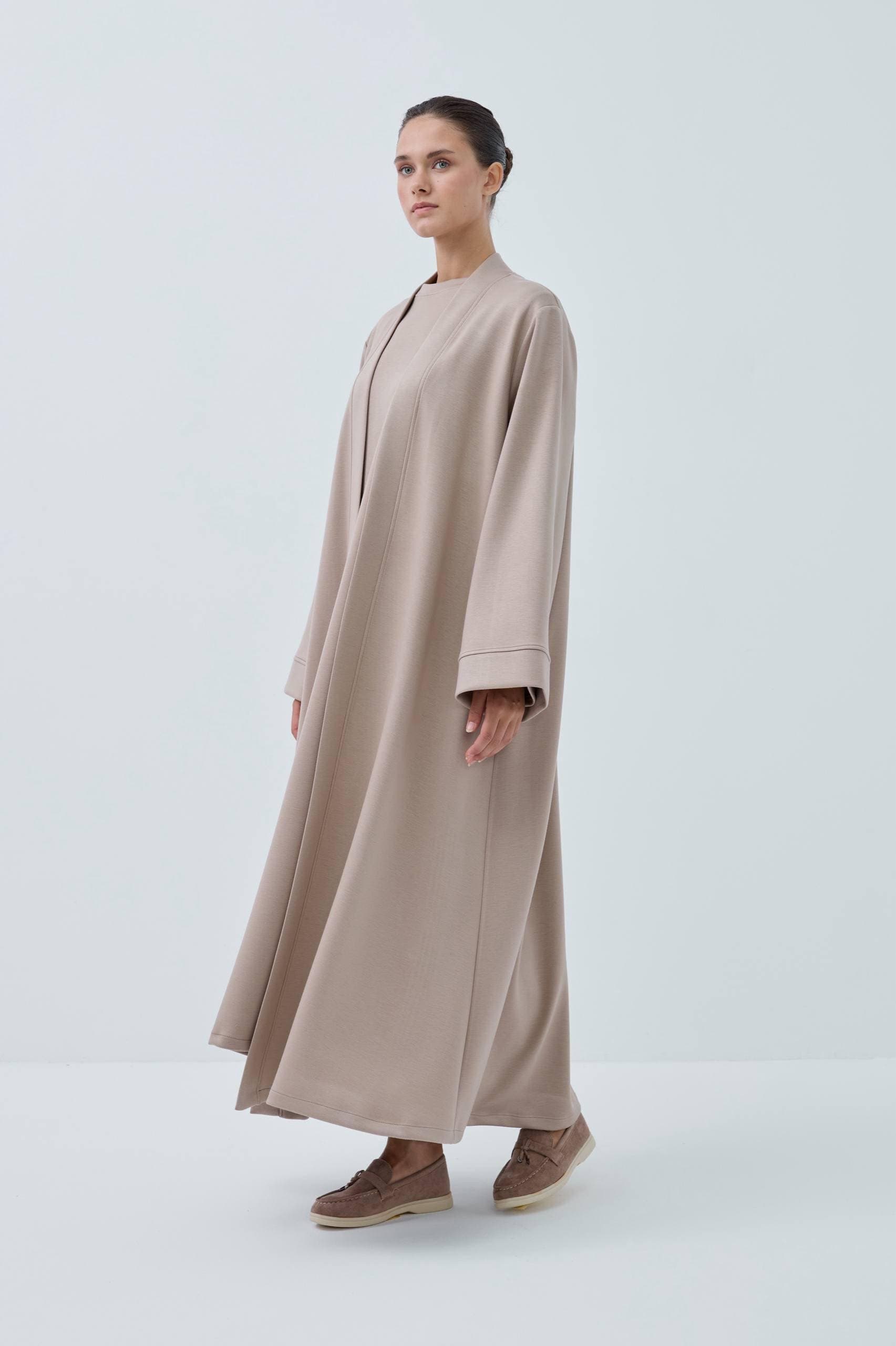 Beige Modal Abaya Set with Long Sleeve Dress, Elegant Turkish Modest Wear