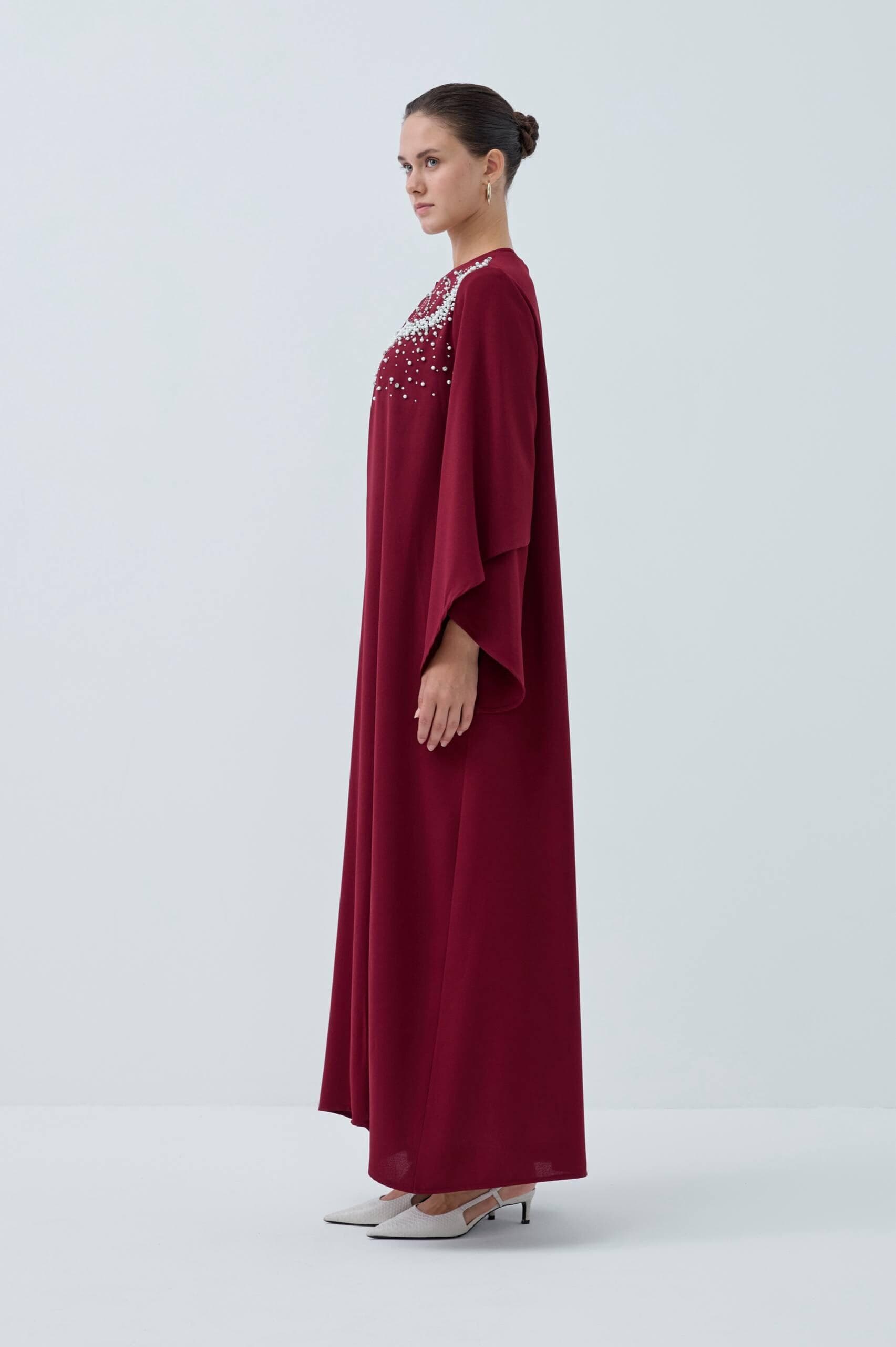 The Pearl-Embellished Bordeaux Open Abaya - image 4
