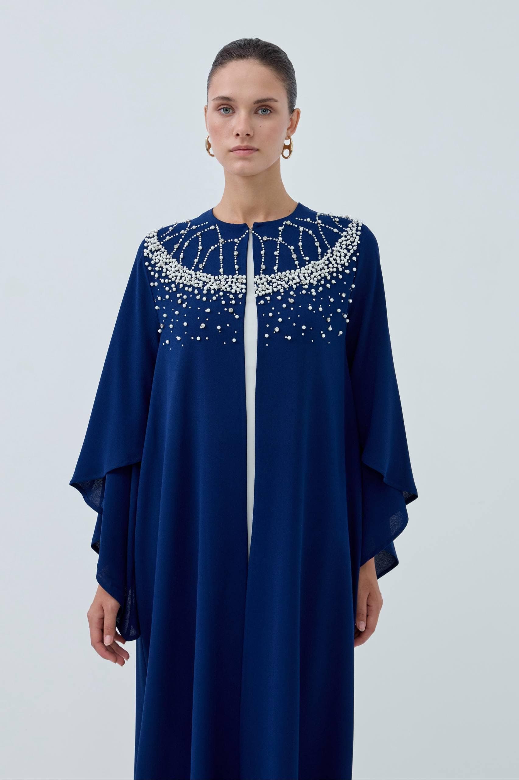 The Pearl-Embellished Navy Blue Open Abaya