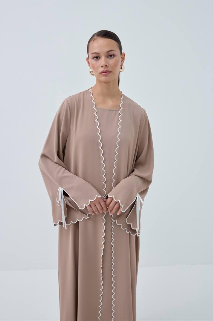 Beige Nida Abaya Set, Sleeveless Dress, Elegant Modest Outfit
