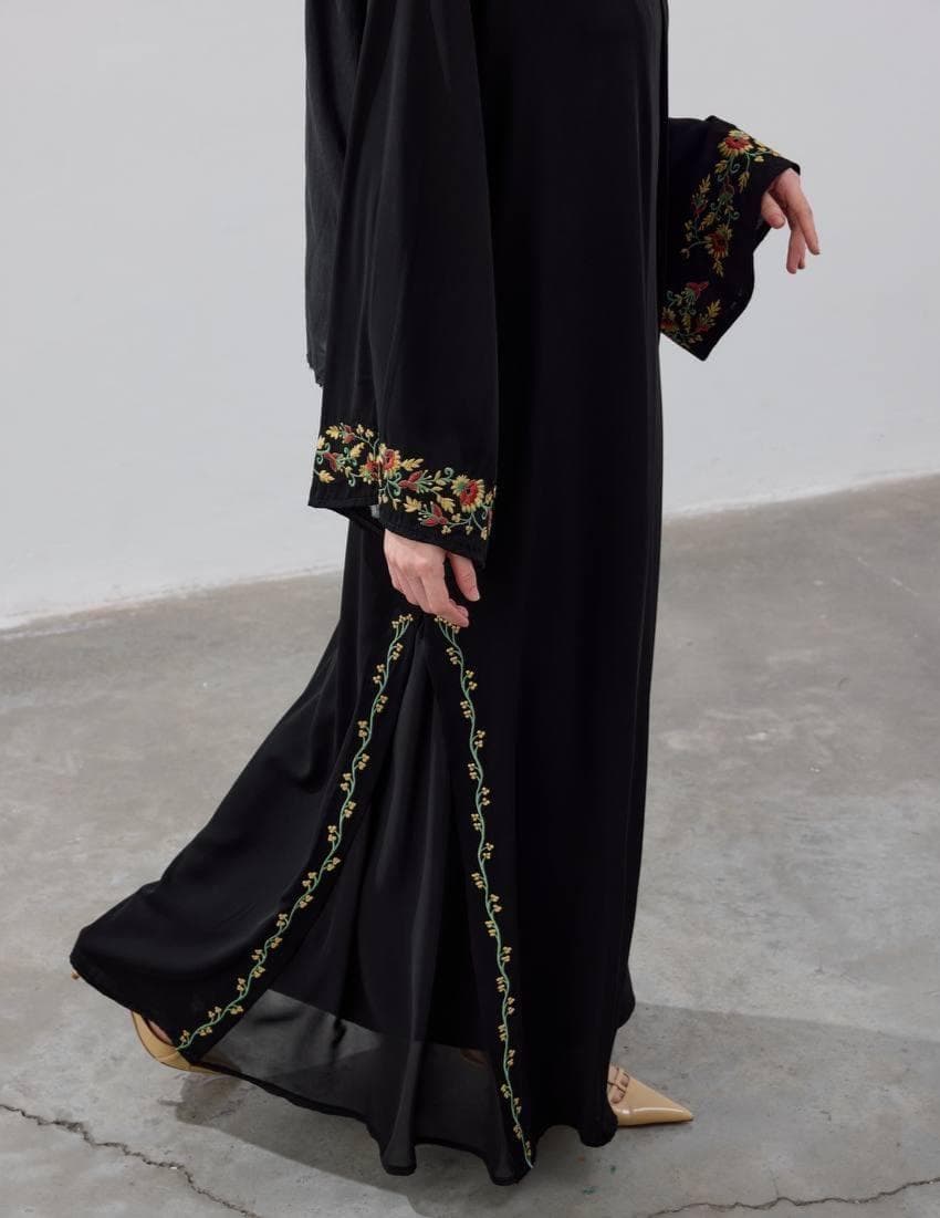 Black Embroidered Abaya with Floral Sleeve & Side Detail - Modest Open Abaya