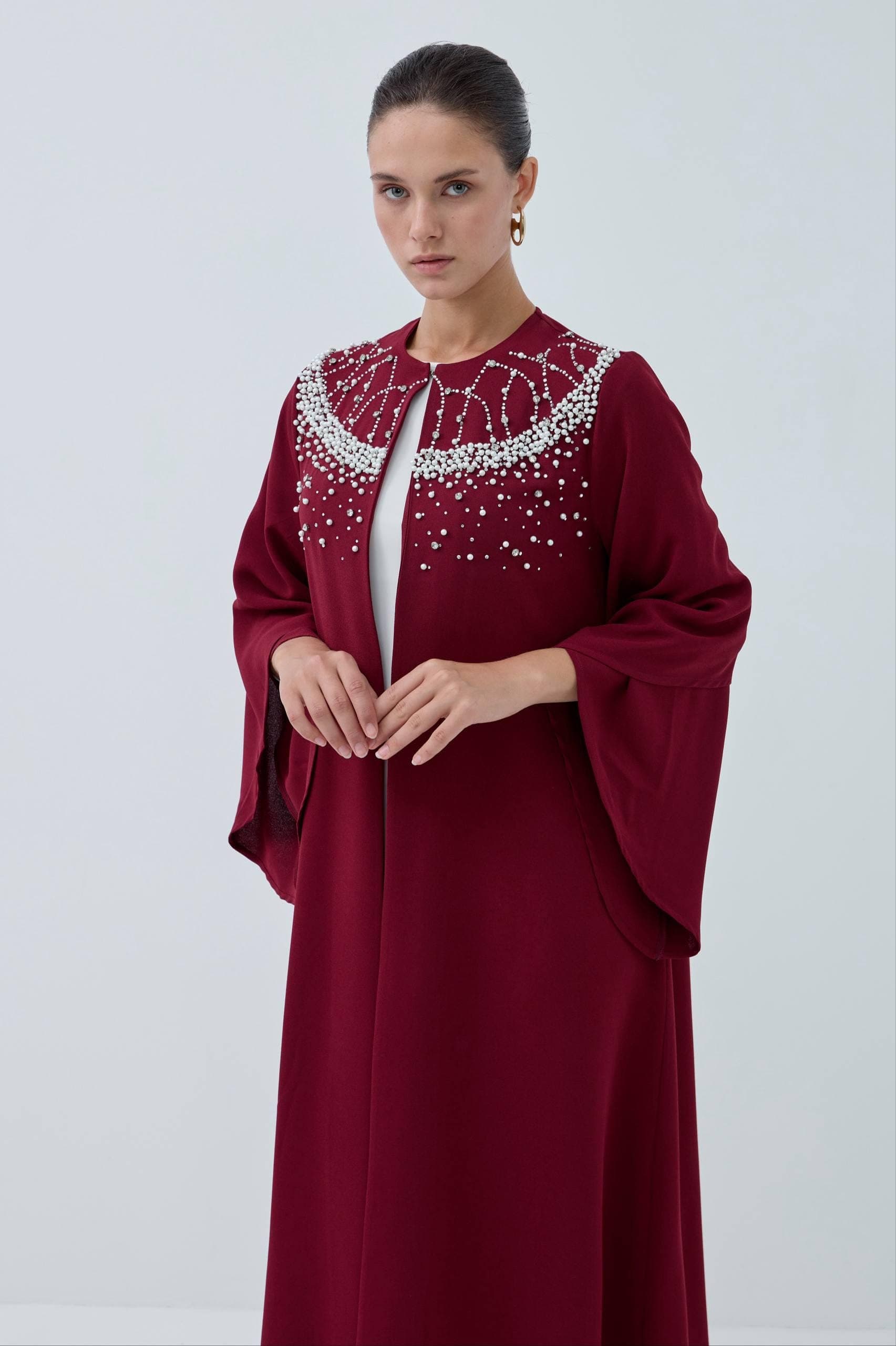The Pearl-Embellished Bordeaux Open Abaya - image 5