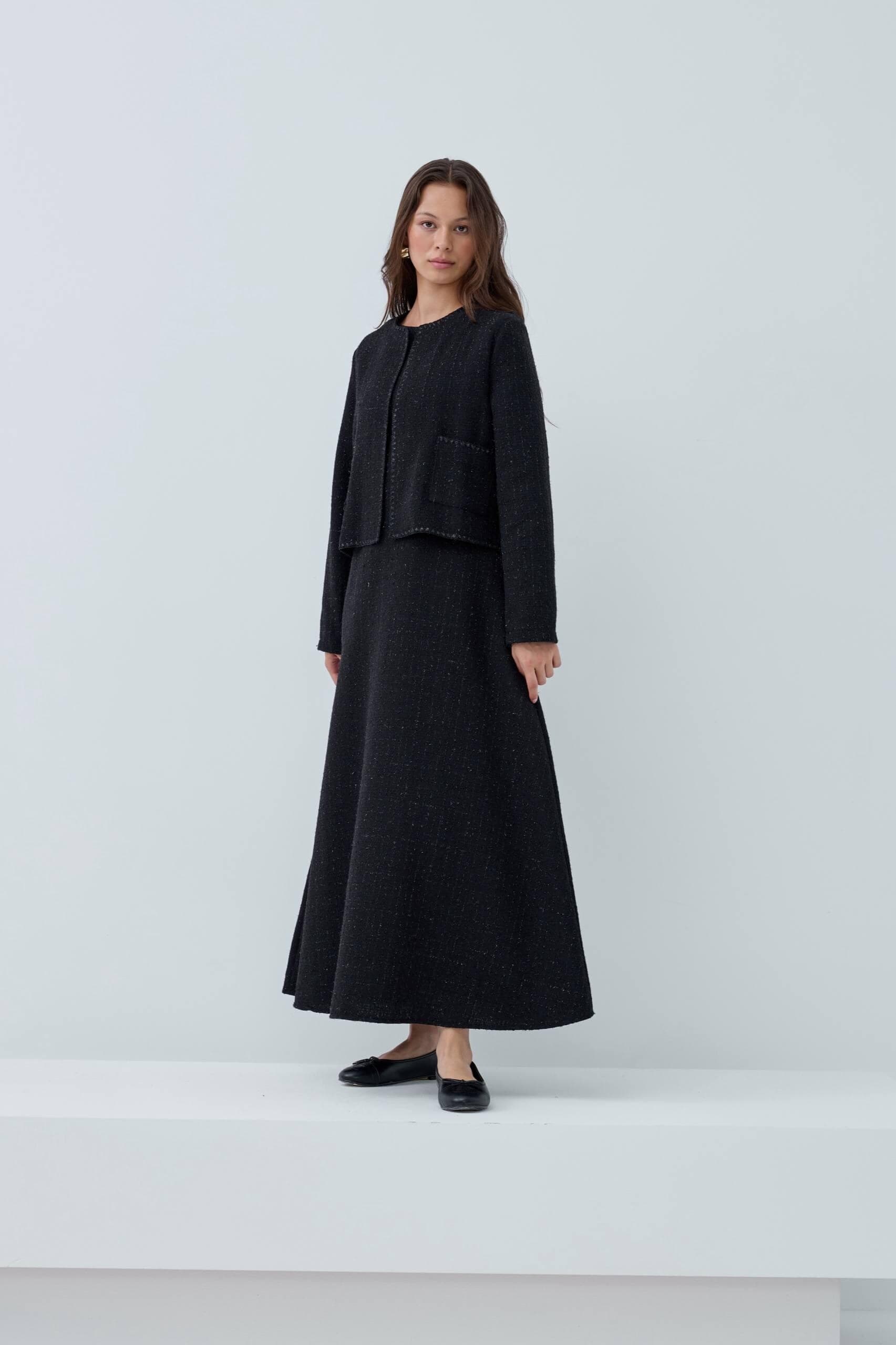 Tweed Dress with Jacket Set, Elegant Black Sleeveless Outfit