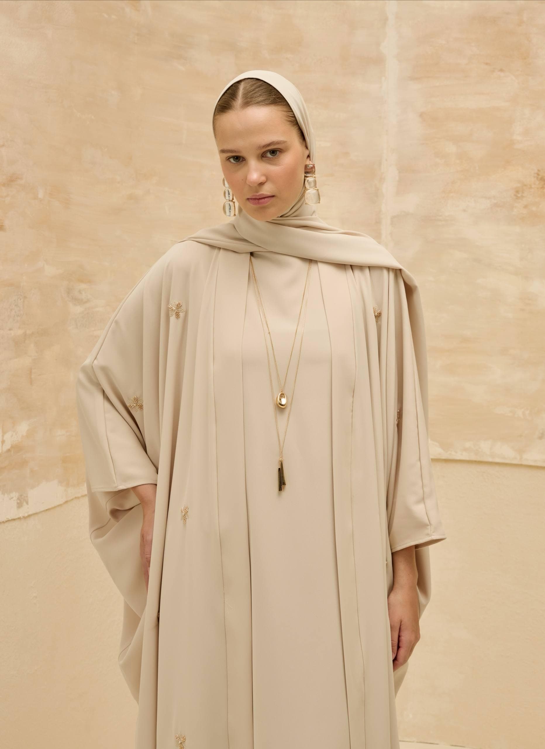Beige Abaya Set - 2 Piece Open Abaya with Floral Embellishments Modest Muslim Dress - image 3