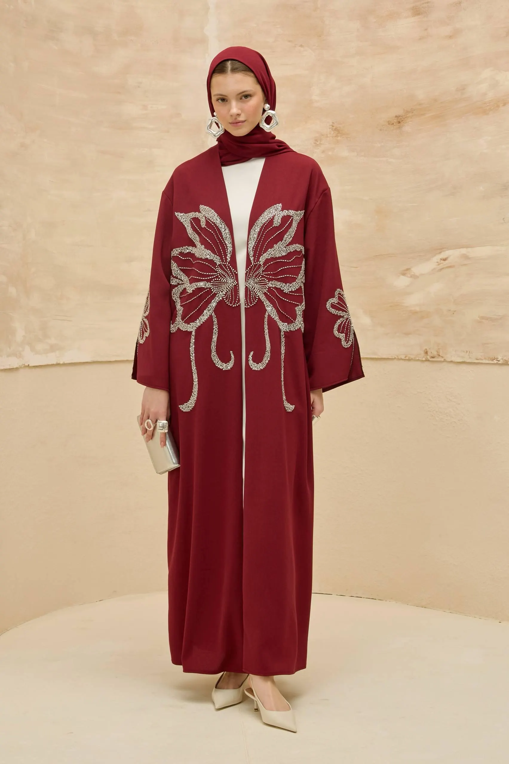 Burgundy Abaya with Floral Crystal Embellishment - Modest Muslim Open Front Abaya