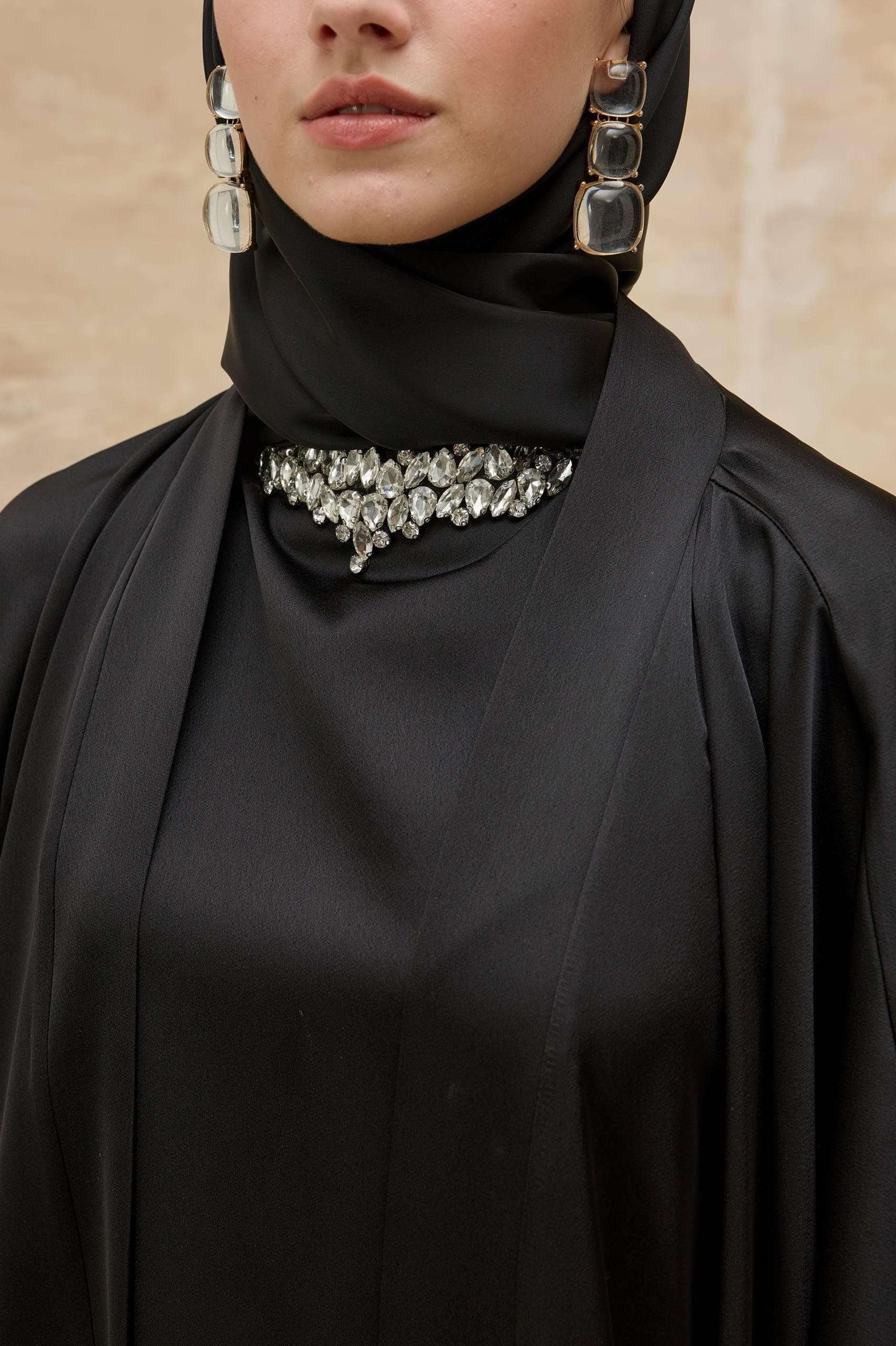 Black Open Abaya Set with Crystal Neckline - 2 Piece Modest Muslim Dress - image 3