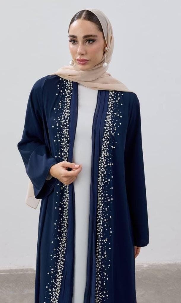 Navy Blue Open Abaya with Pearl Beaded Front Corners – Modest Dress - image 4