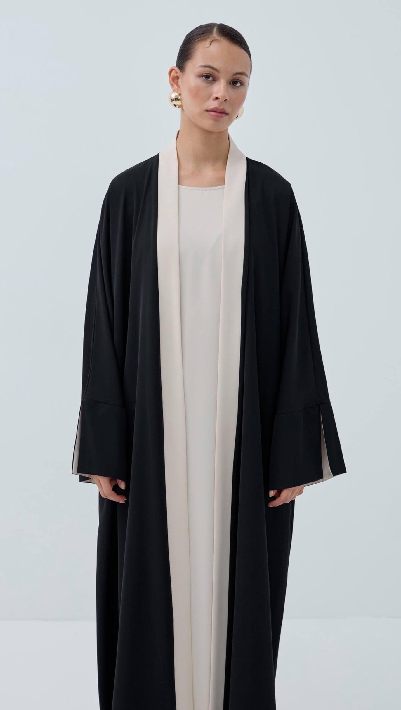 Modest Two Piece Abaya Set - Front Open Black Abaya with Sleeveless Inner Dress - image 5