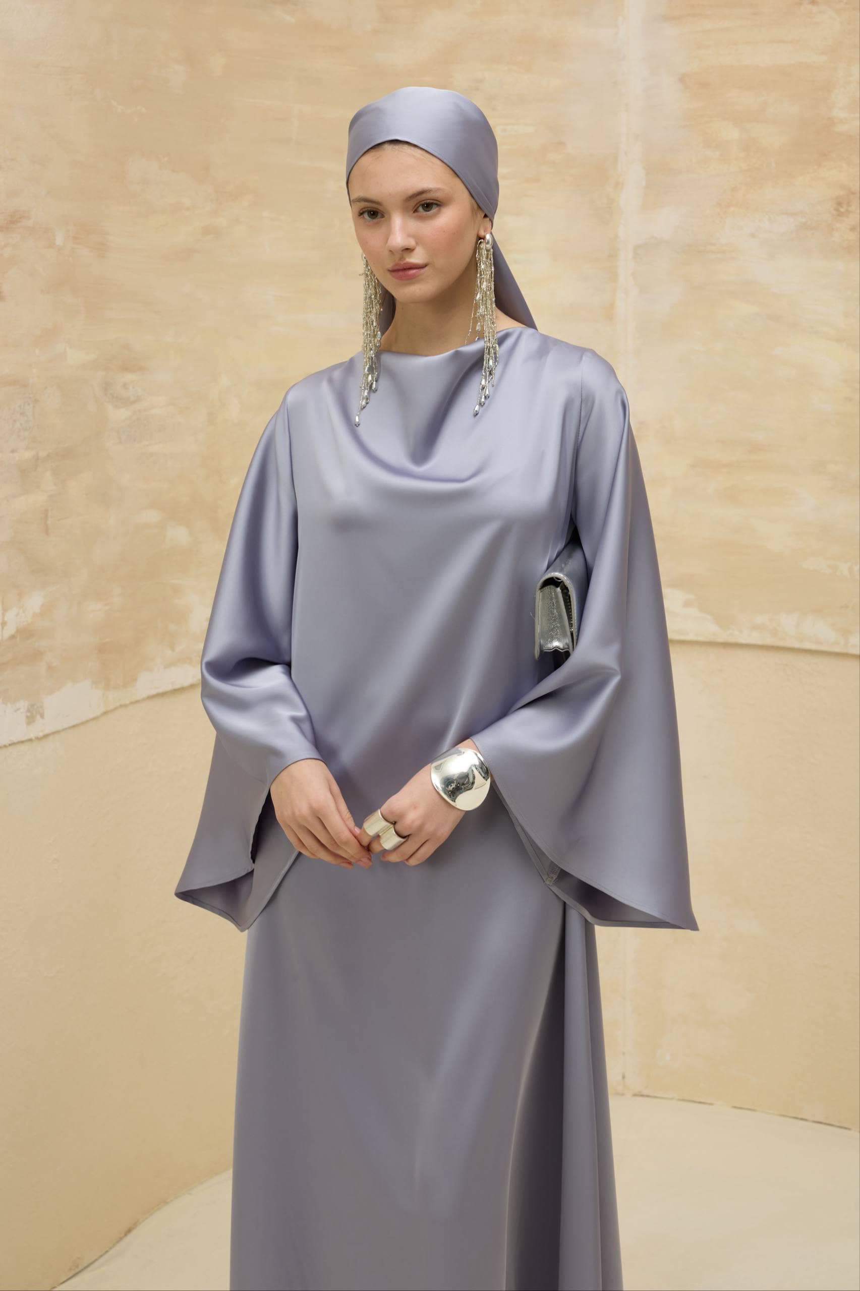 Luxury Lavender Gray Satin Abaya - Elegant Modest Muslim Dress