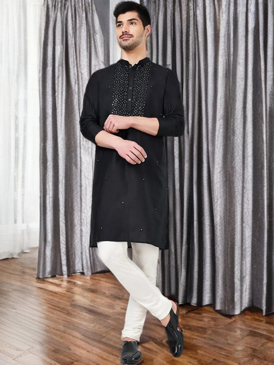 Black Kurta Mens Mirror Work Festive Wear - image 3