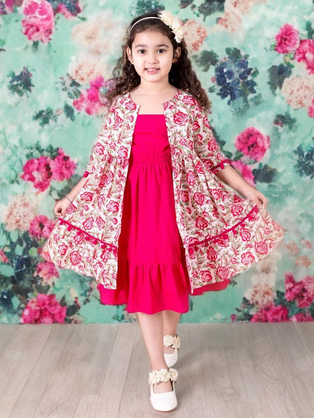 Girls Magenta Floral Dress | Cotton A Line with Shrug