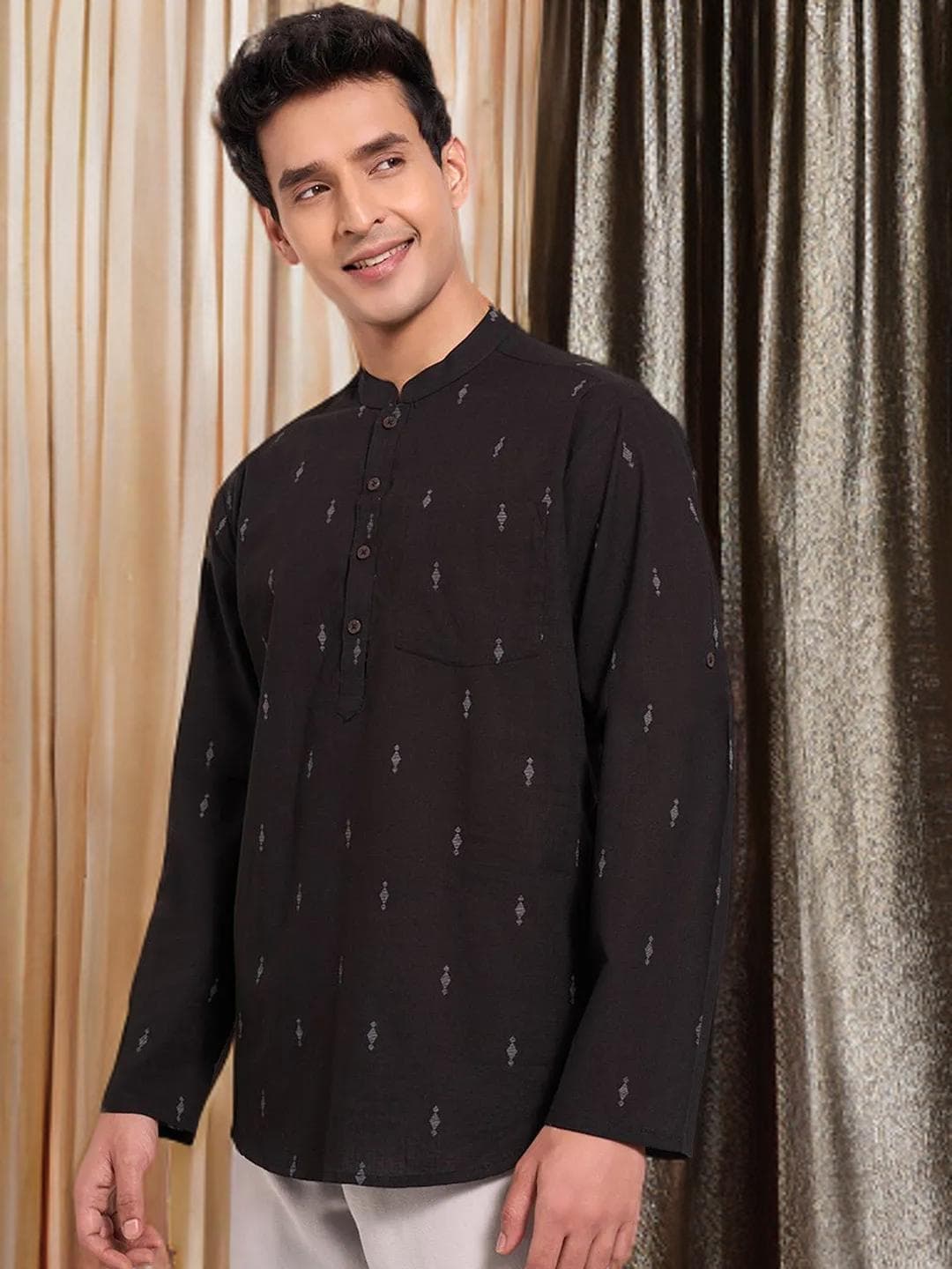 Black Grey Kurta Mens Geometric Print Cotton - image 5