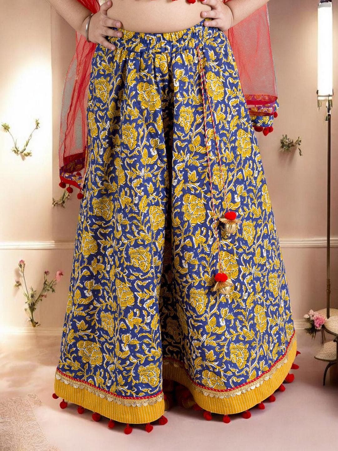 Girls Navy Lehenga Set | Yellow Embroidered Cotton Blouse - image 5