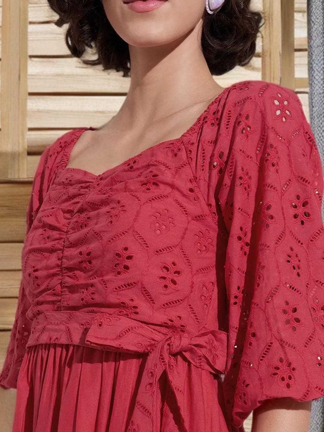 Red Fit Flare Dress Sweetheart Neck Midi - image 4